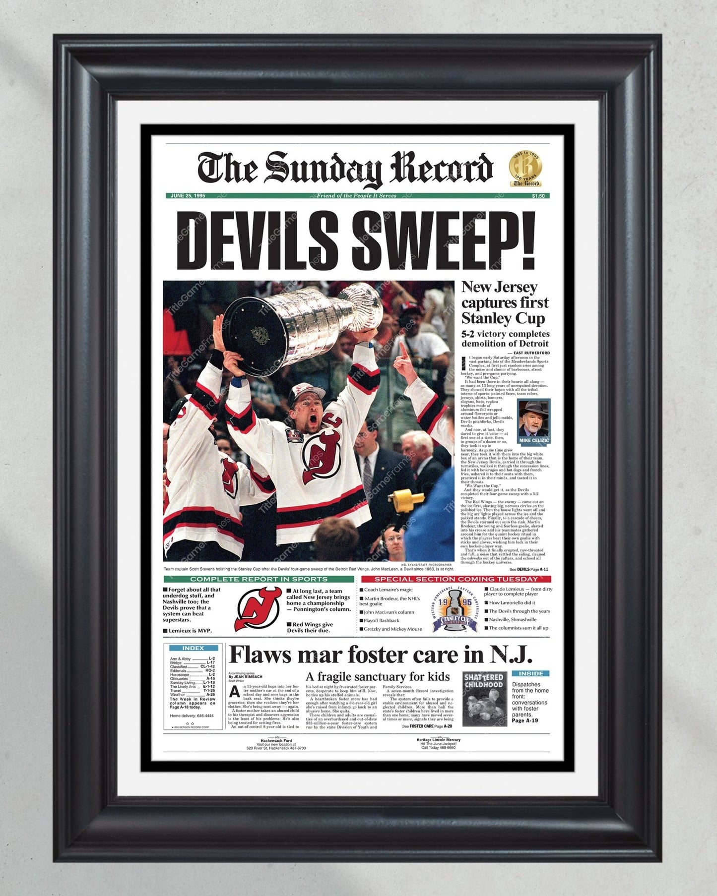 1995 NJ Devils Stanley Cup Champions Framed Newspaper Front Page Print - Title Game Frames