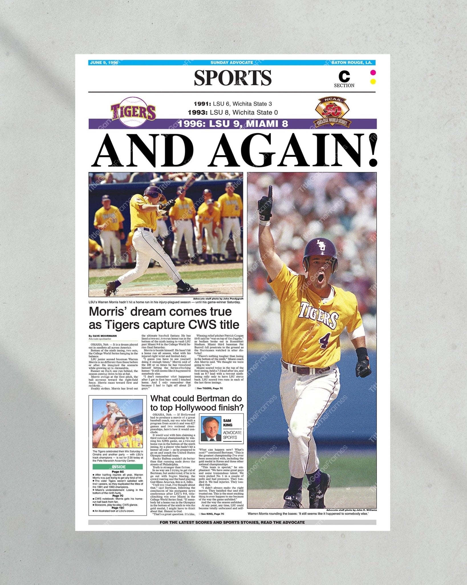 1996 LSU Tigers ‘AND AGAIN!’ - College World Series Champions Framed Print - Title Game Frames