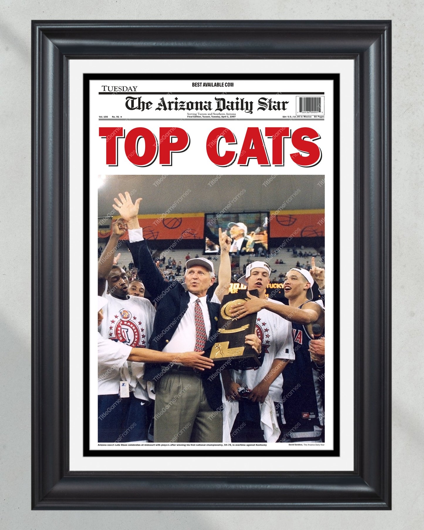 1997 Arizona Wildcats NCAA Men's' Basketball Champions - TOP CATS! Framed Newspaper - Title Game Frames