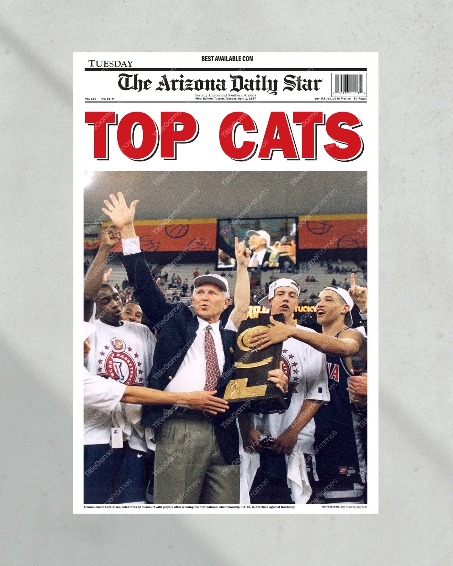 1997 Arizona Wildcats NCAA Men's' Basketball Champions - TOP CATS! Framed Newspaper - Title Game Frames