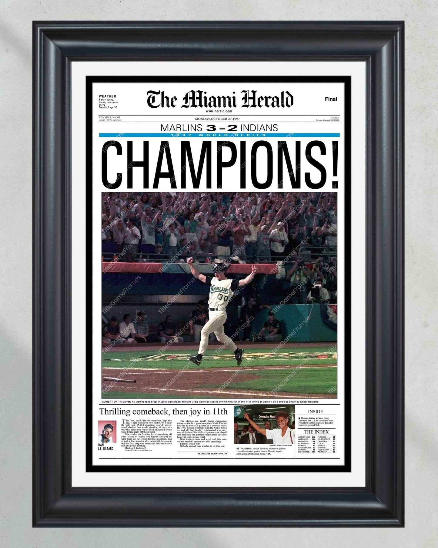 1997 Florida Marlins World Series Champions Framed Front Page Newspaper Print - Title Game Frames