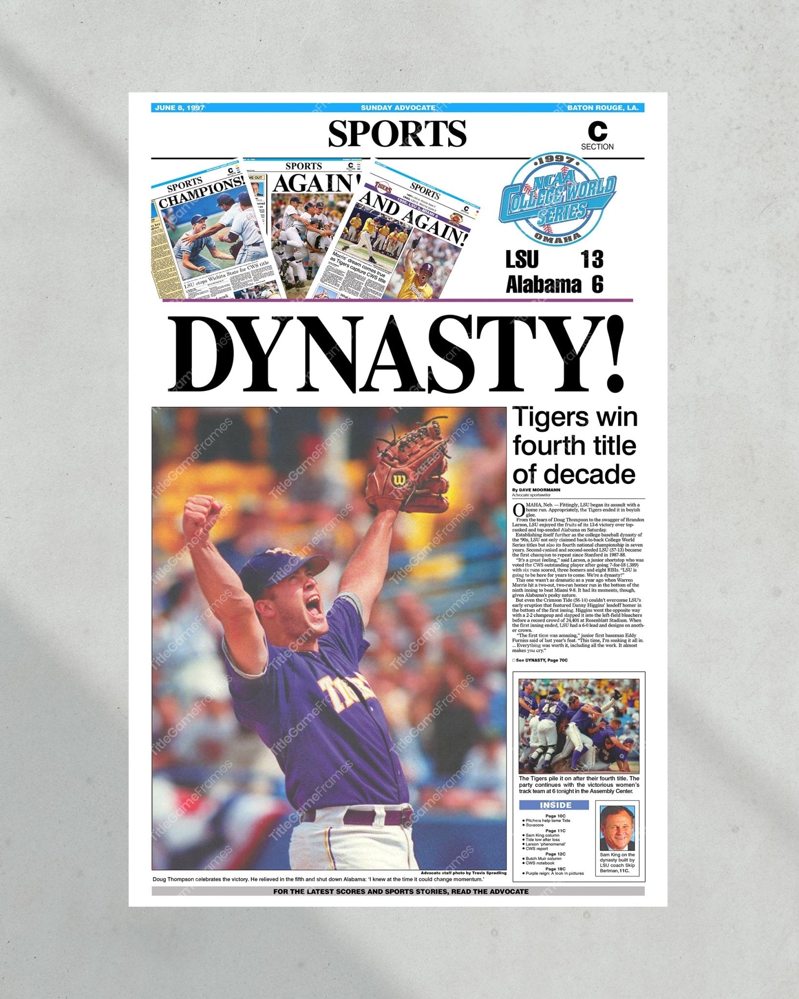 1997 LSU Tigers ‘DYNASTY!’ College World Series Champions Framed Newspaper Print - Title Game Frames