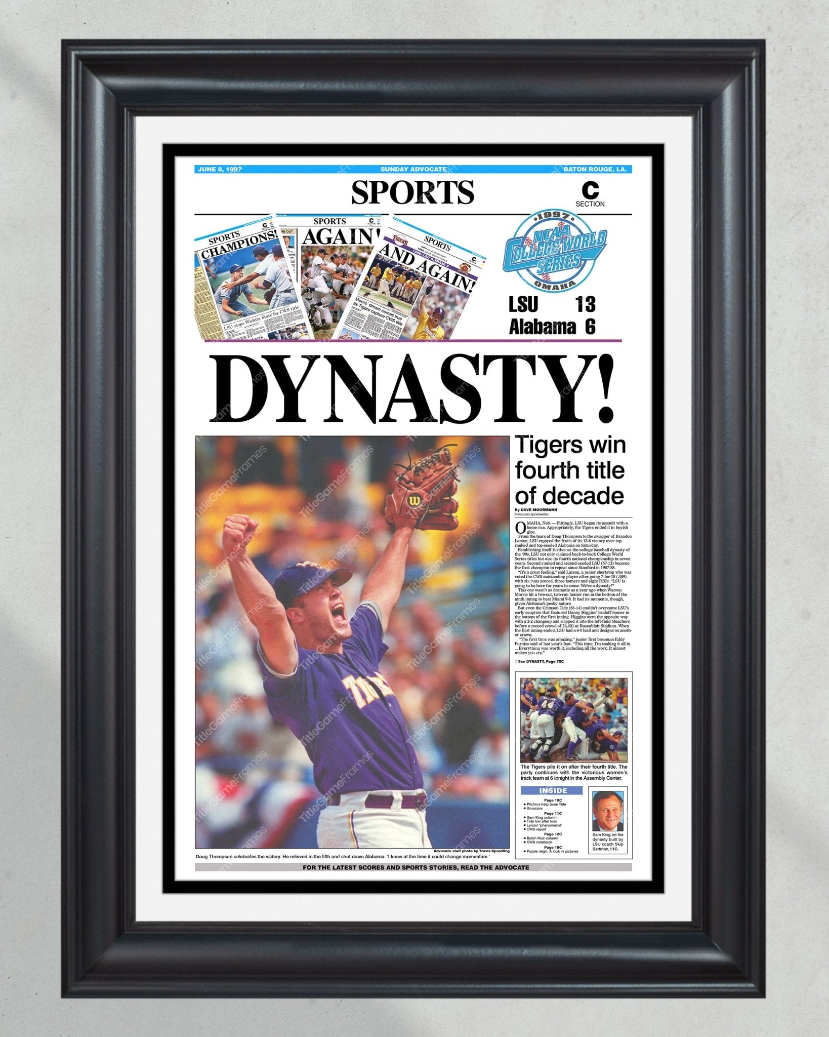 1997 LSU Tigers ‘DYNASTY!’ College World Series Champions Framed Newspaper Print - Title Game Frames