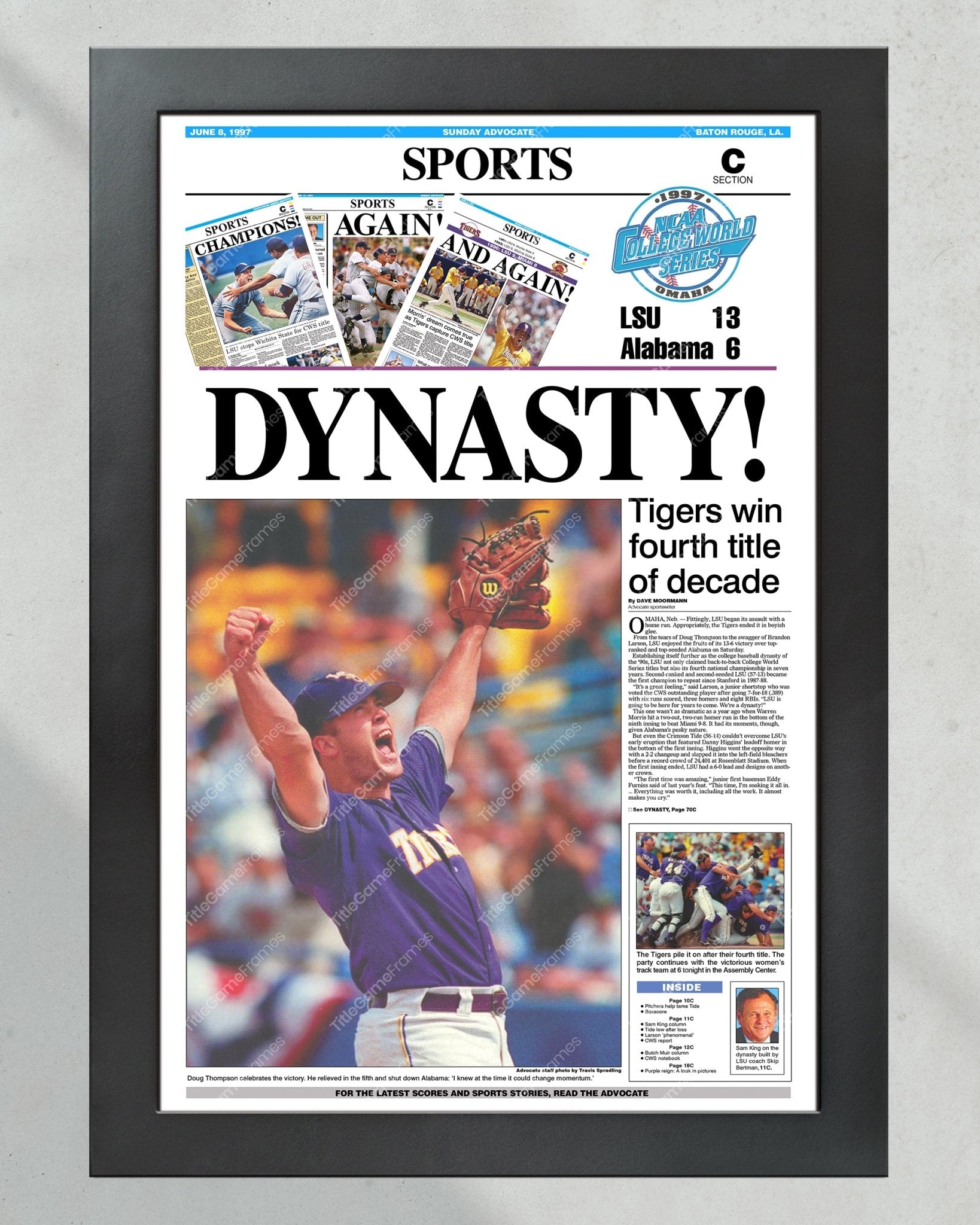 1997 LSU Tigers ‘DYNASTY!’ College World Series Champions Framed Newspaper Print - Title Game Frames