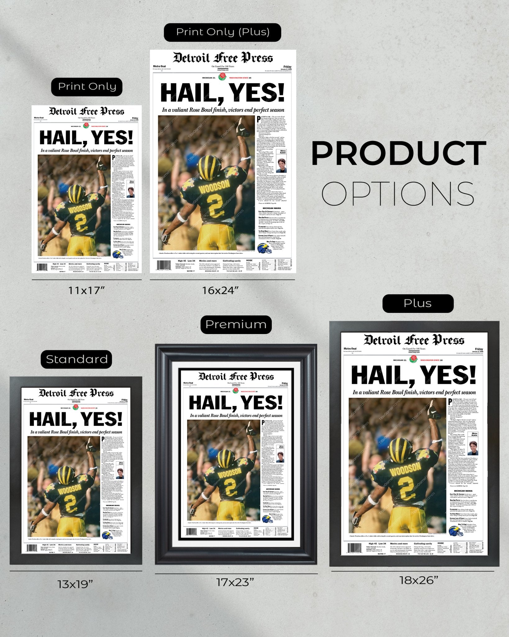 1997 Michigan Wolverines Rose Bowl Victory: 'HAIL, YES!' - Framed Newspaper Print - Title Game Frames