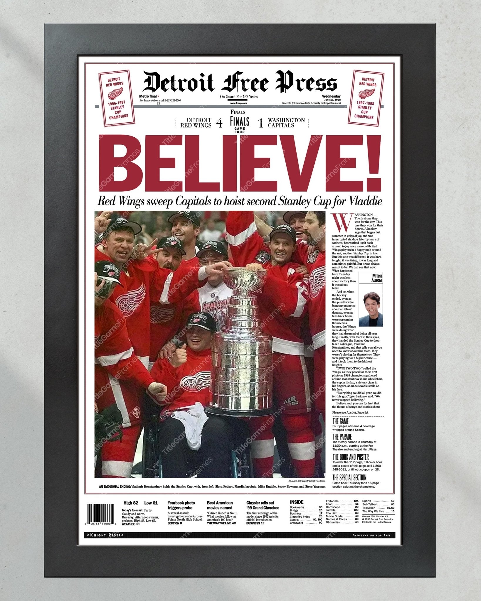 1998 Detroit Red Wings Stanley Cup Champion Framed Front Page Newspaper Print - Title Game Frames