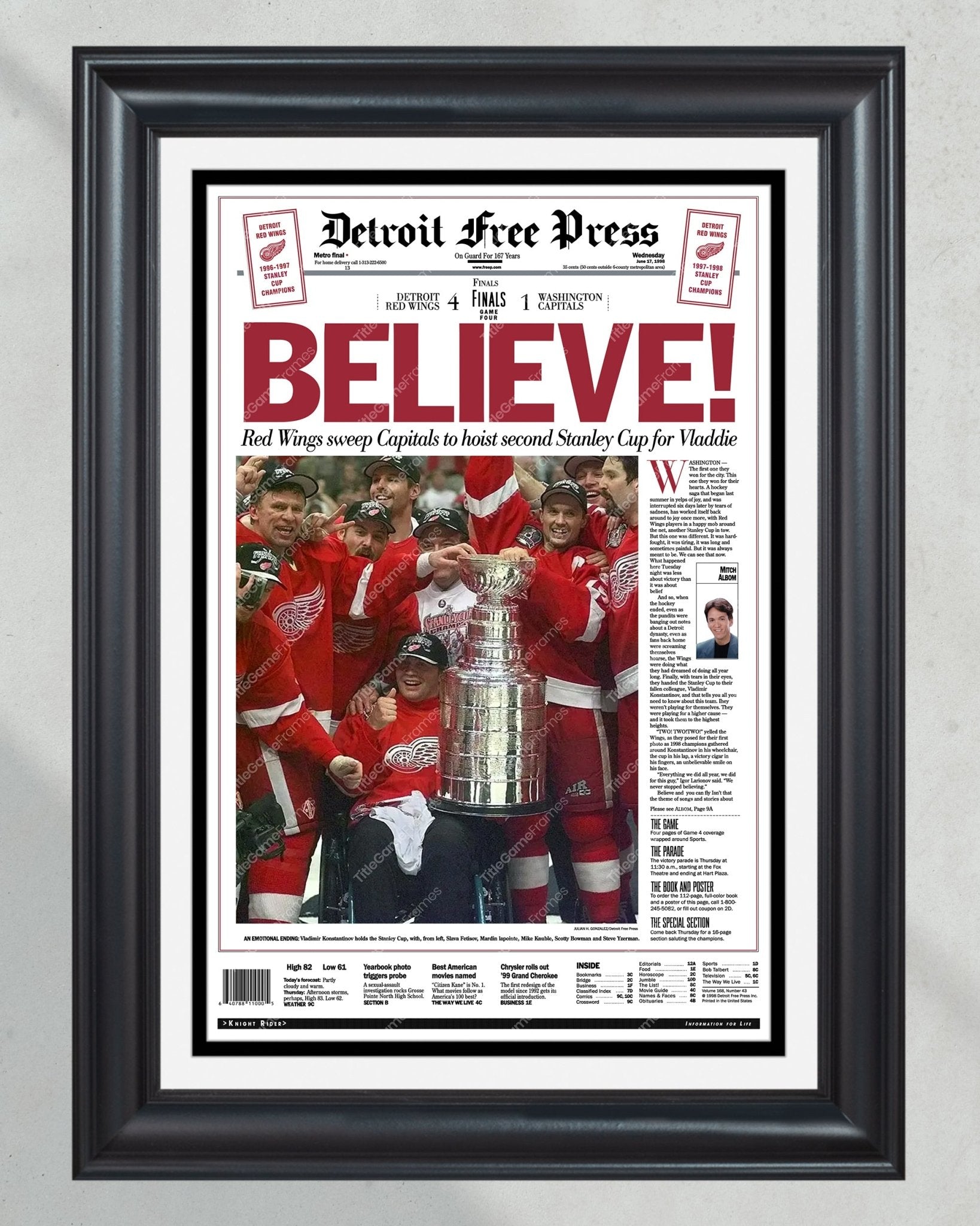 1998 Detroit Red Wings Stanley Cup Champion Framed Front Page Newspaper Print - Title Game Frames