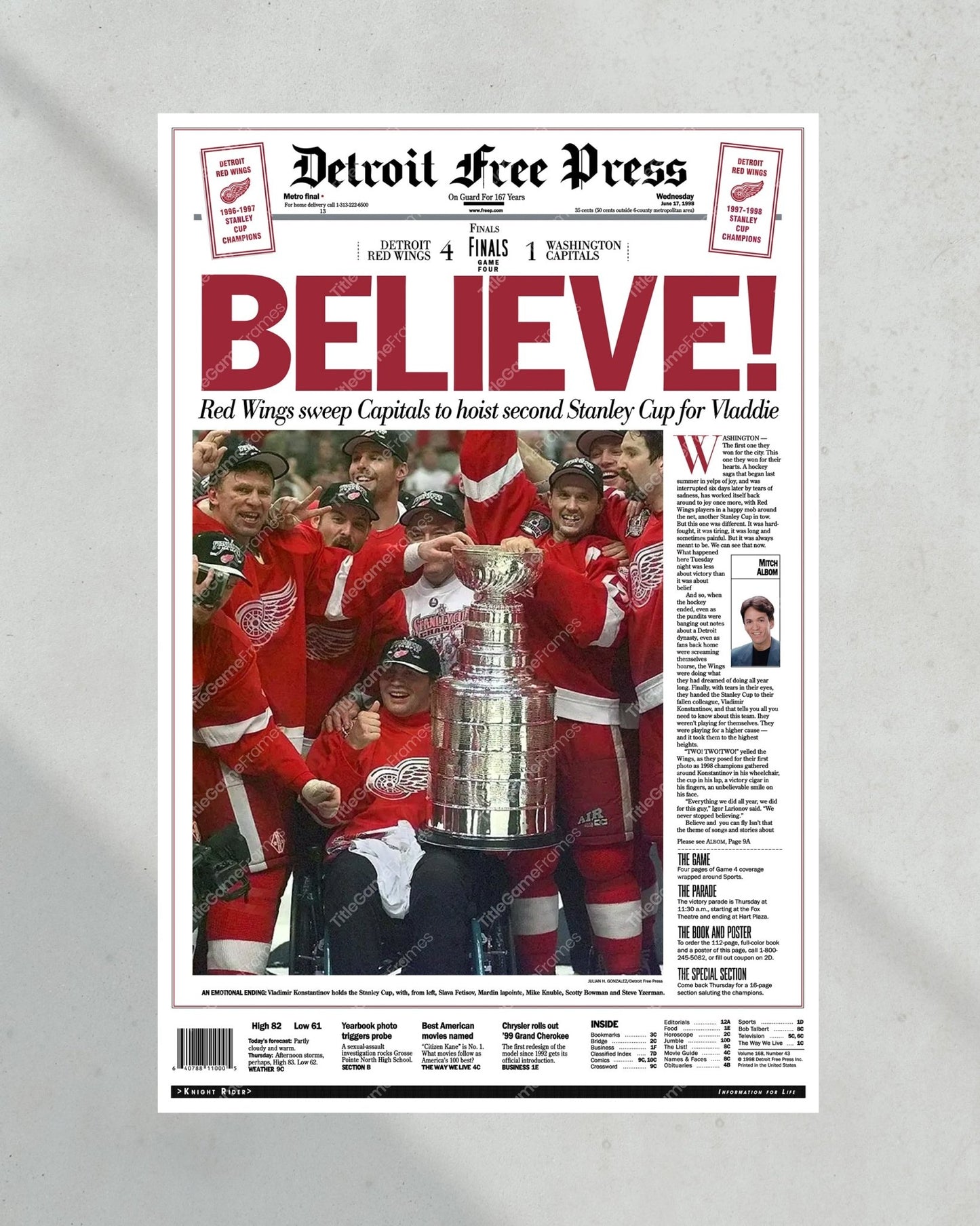 1998 Detroit Red Wings Stanley Cup Champion Framed Front Page Newspaper Print - Title Game Frames