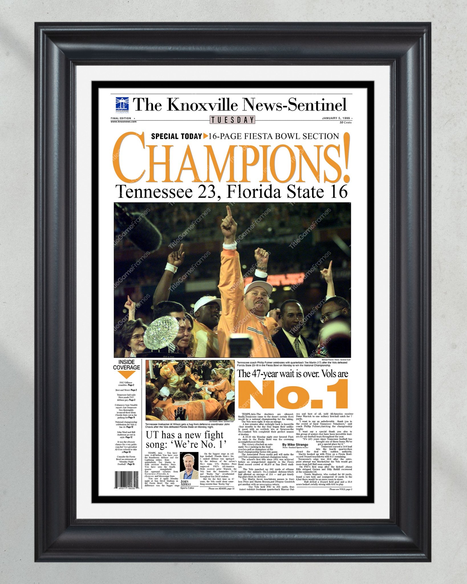 1999 Tennessee Volunteers NCAA College Football National Champions Framed Front Page Newspaper Print - Title Game Frames