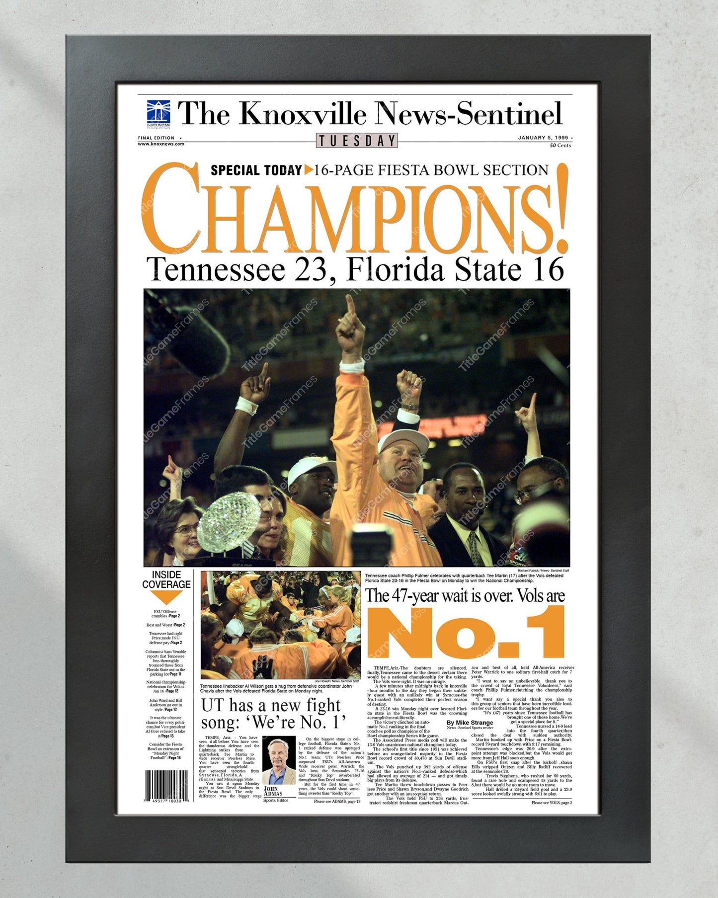 1999 Tennessee Volunteers NCAA College Football National Champions Framed Front Page Newspaper Print - Title Game Frames