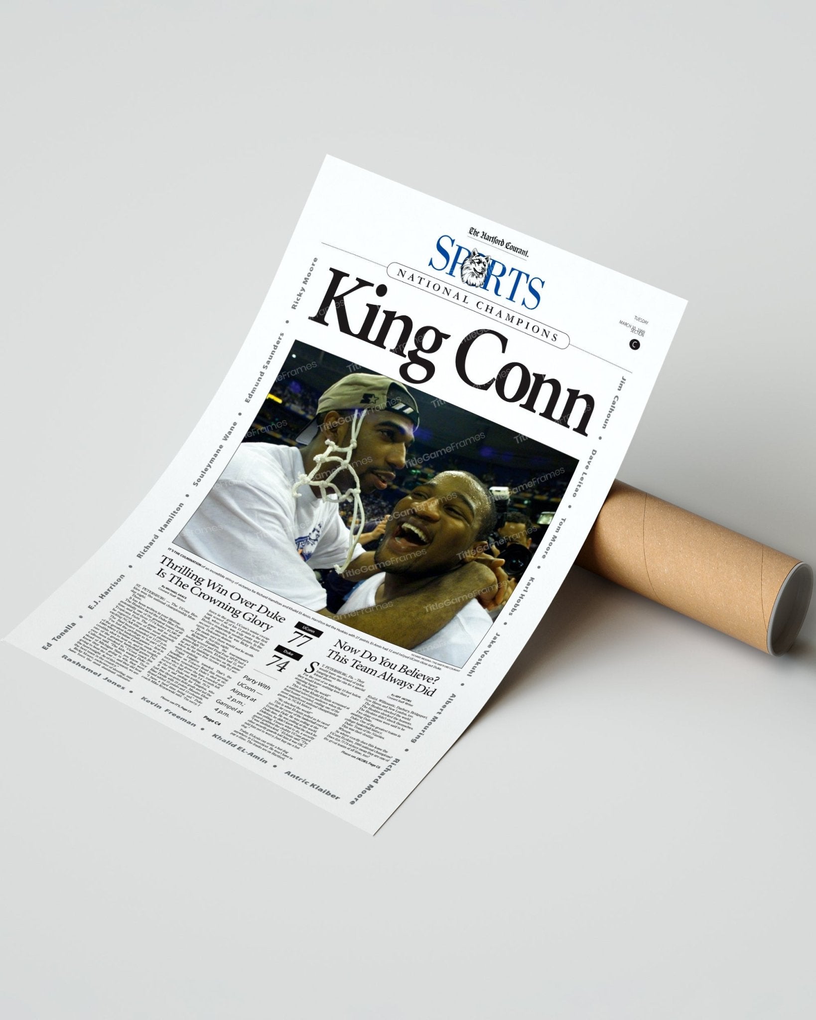 1999 UConn Huskies NCAA College Basketball Champions 'King Conn' Framed Newspaper - Title Game Frames
