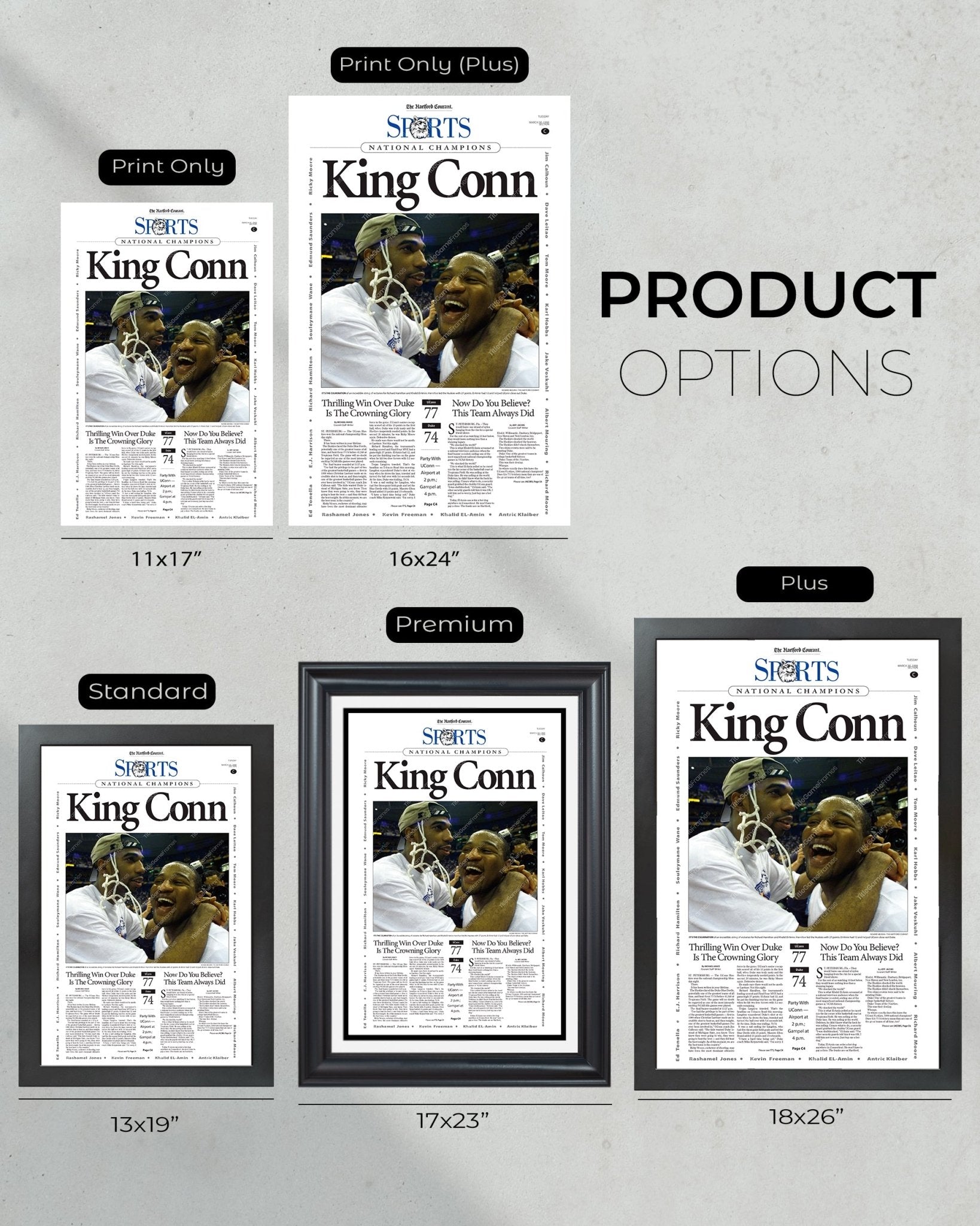 1999 UConn Huskies NCAA College Basketball Champions 'King Conn' Framed Newspaper - Title Game Frames