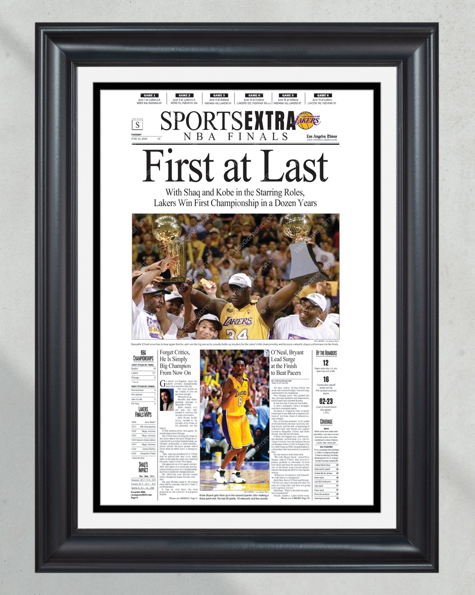 2000 Los Angeles Lakers NBA Champions Framed Newspaper Front Page Newspaper Print Kobe and Shaq Staples Center - Title Game Frames