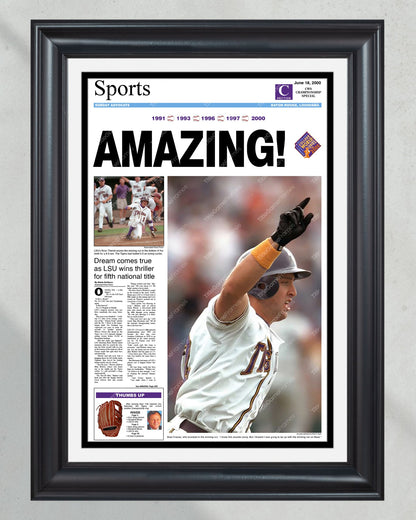 2000 LSU Tigers 'AMAZING!' College World Series Champions Framed Newspaper Print - Title Game Frames