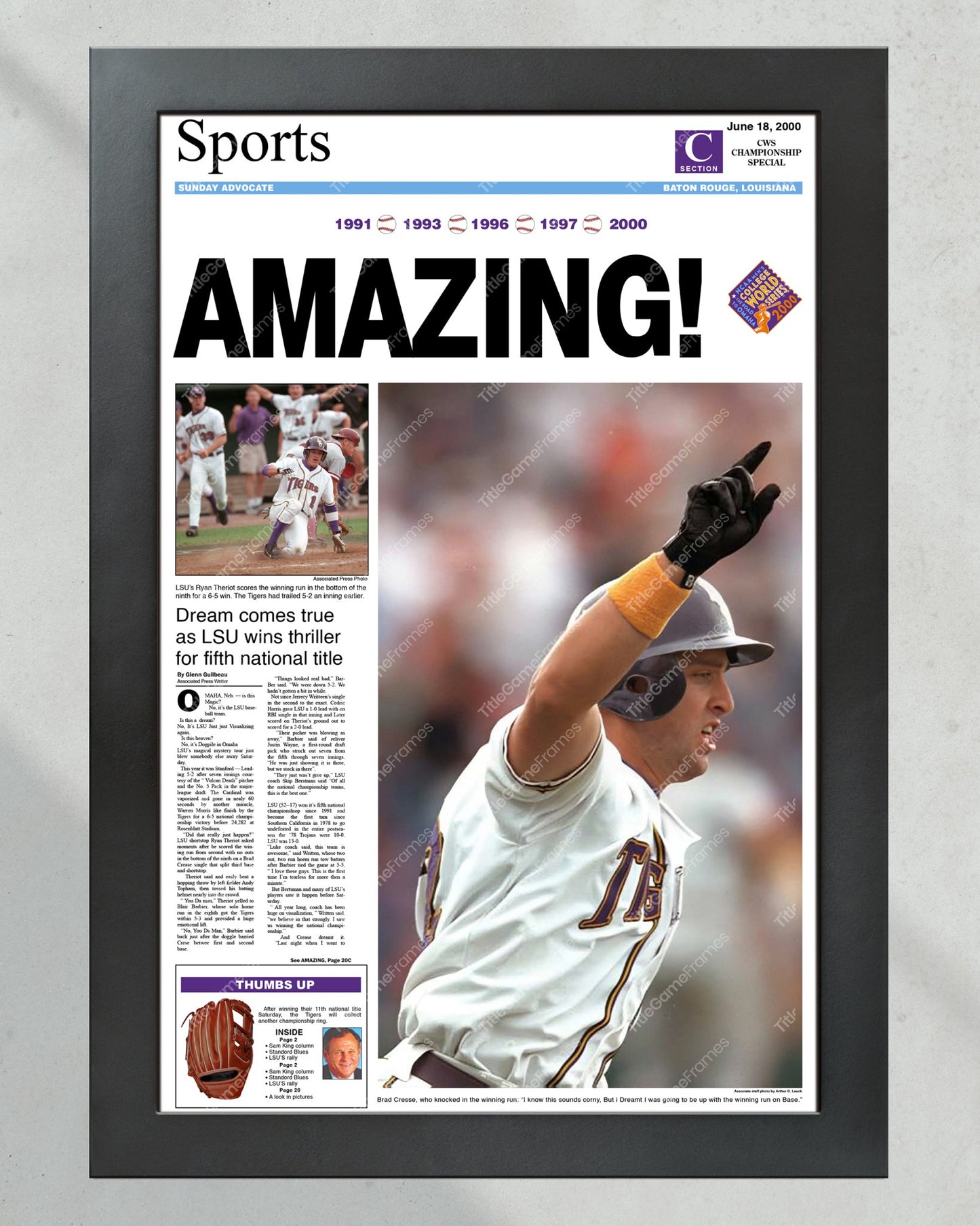 2000 LSU Tigers 'AMAZING!' College World Series Champions Framed Newspaper Print - Title Game Frames