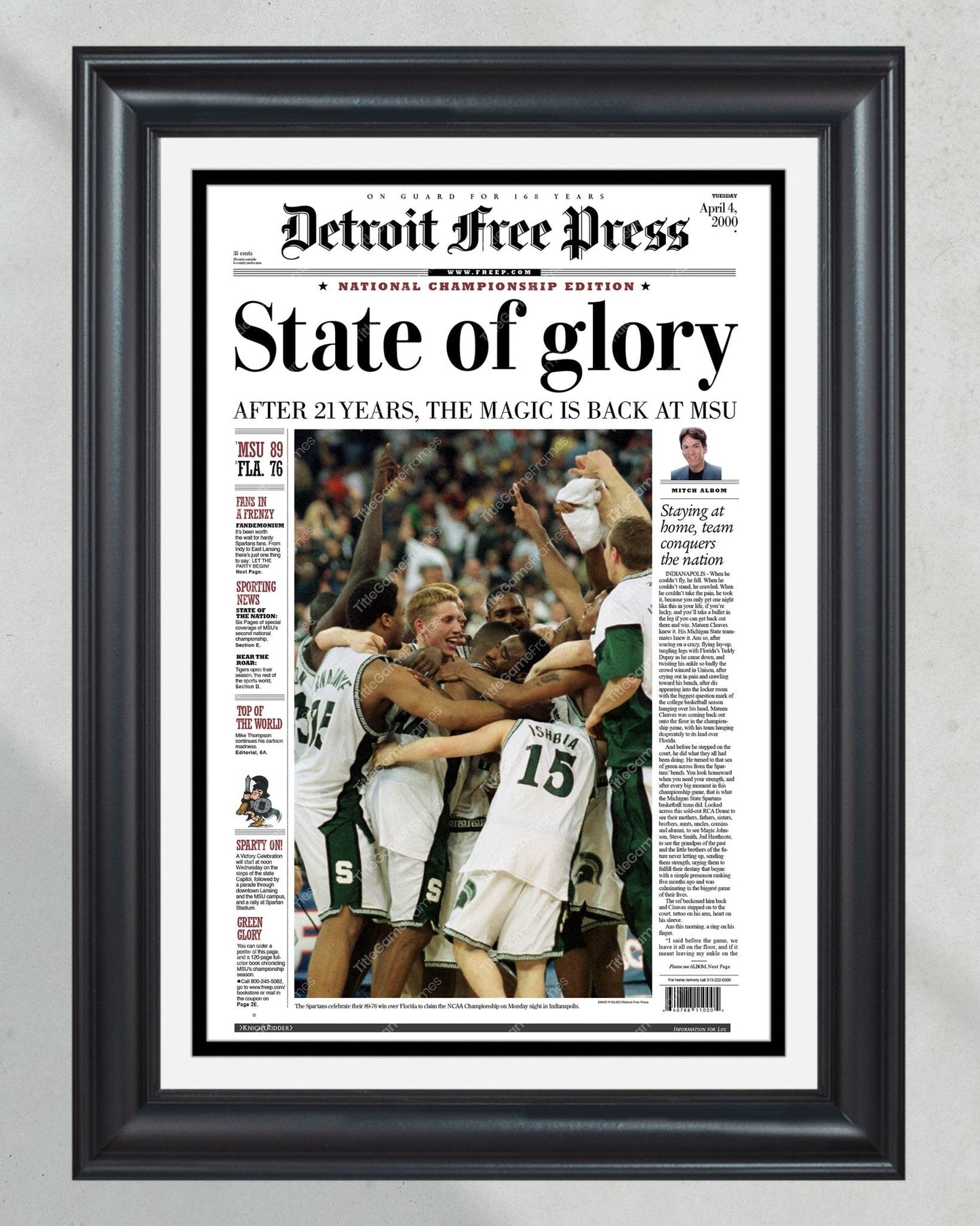 2000 Michigan State Spartans NCAA College Basketball Champions Framed Front Page Newspaper Print - Title Game Frames