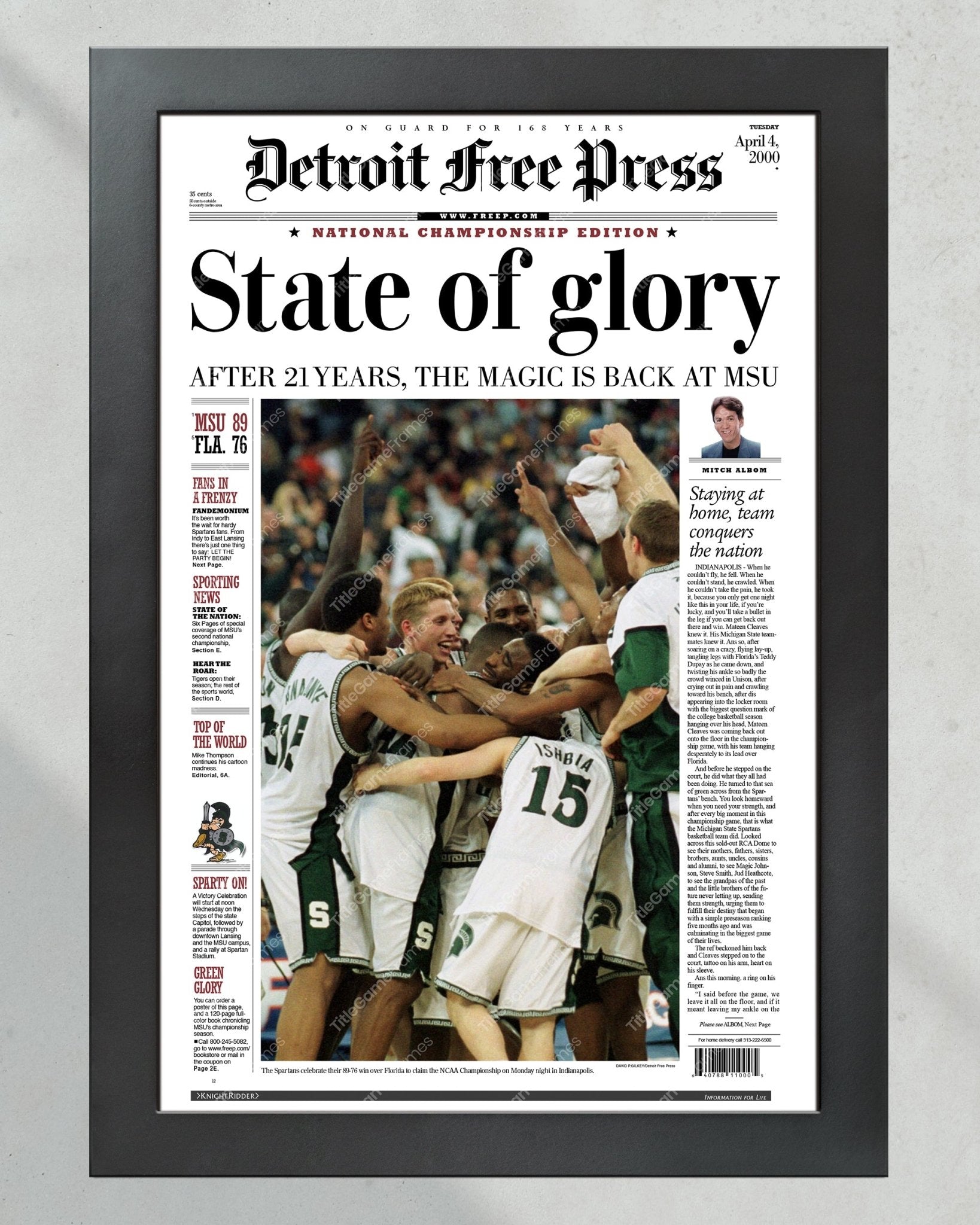 2000 Michigan State Spartans NCAA College Basketball Champions Framed Front Page Newspaper Print - Title Game Frames