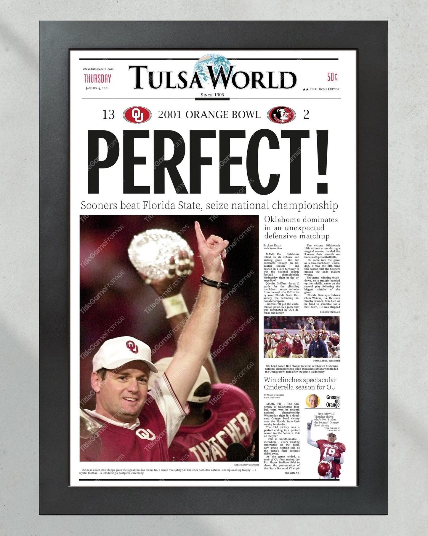 2000 Oklahoma Sooners NCAA College Football National Champions Framed Front Page Newspaper Print - Title Game Frames