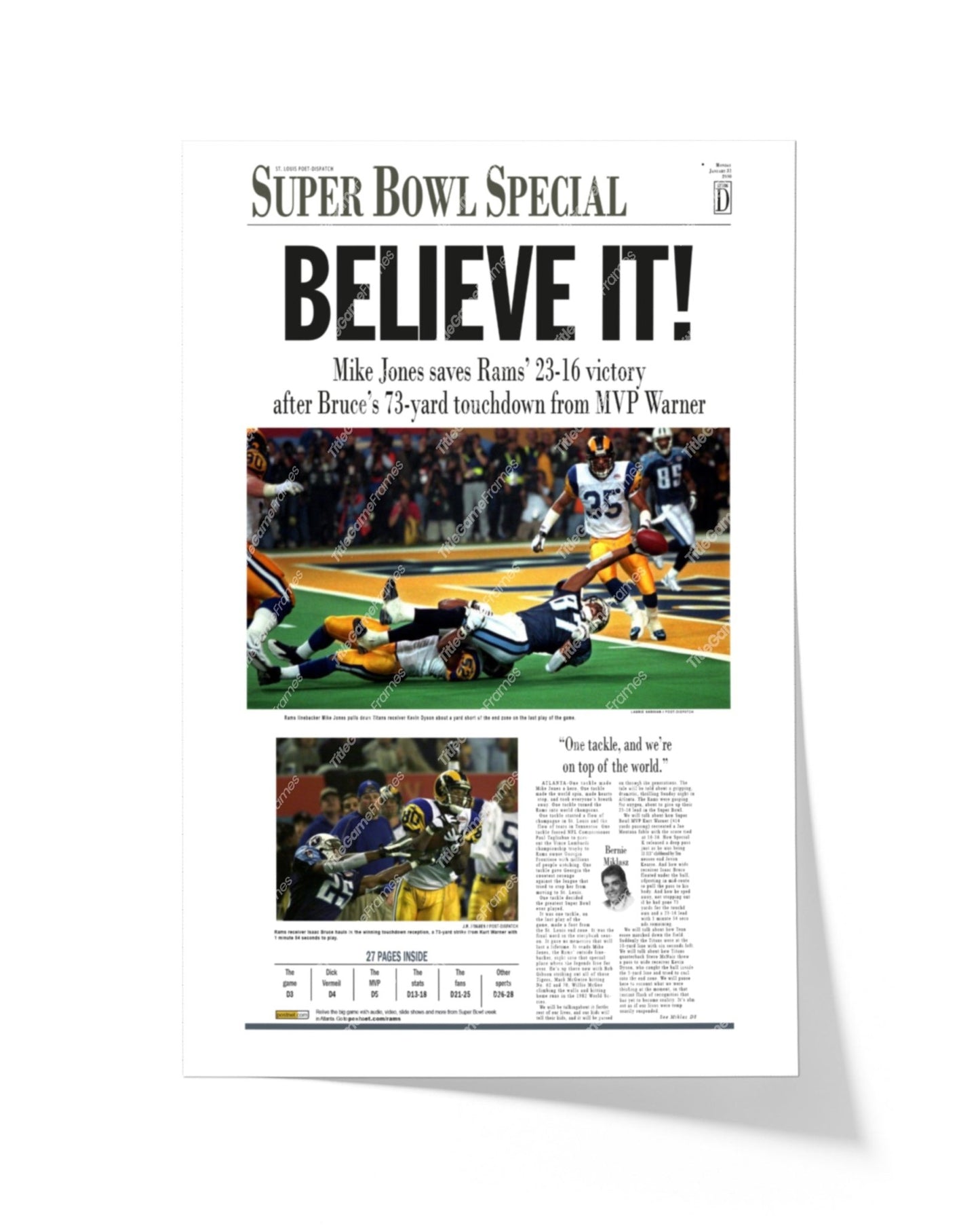 2000 Saint Louis Rams Super Bowl Champions Framed Front Page Newspaper Print - Title Game Frames