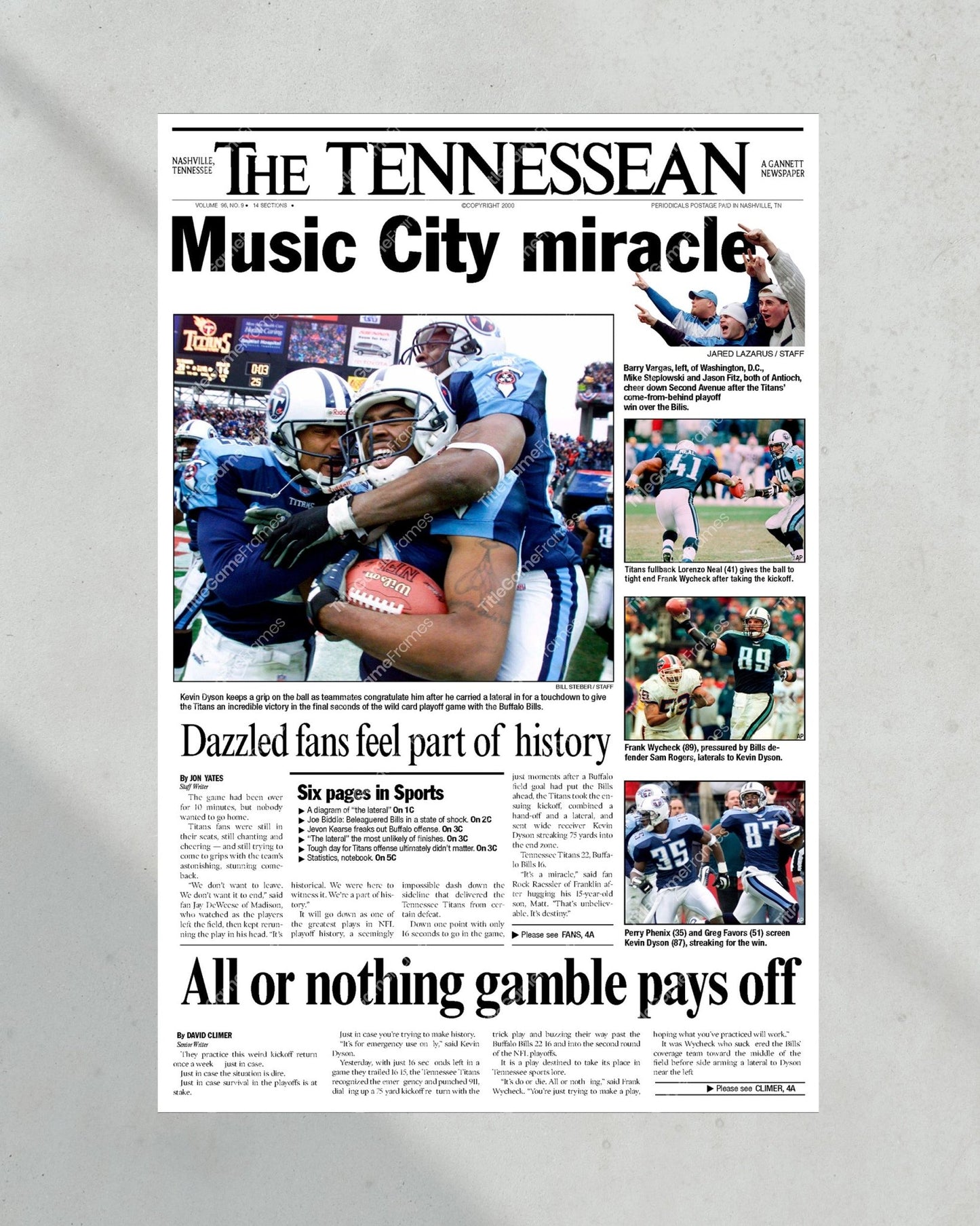 2000 Tennessee Titans 'Music City Miracle' Framed Newspaper - Title Game Frames