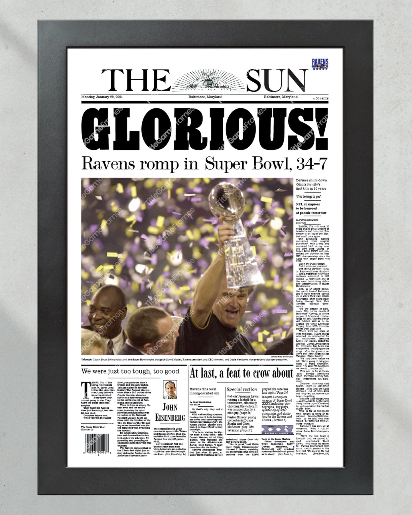 2001 Baltimore Ravens Glorious Super Bowl Champions Framed Front Page Newspaper Print - Title Game Frames