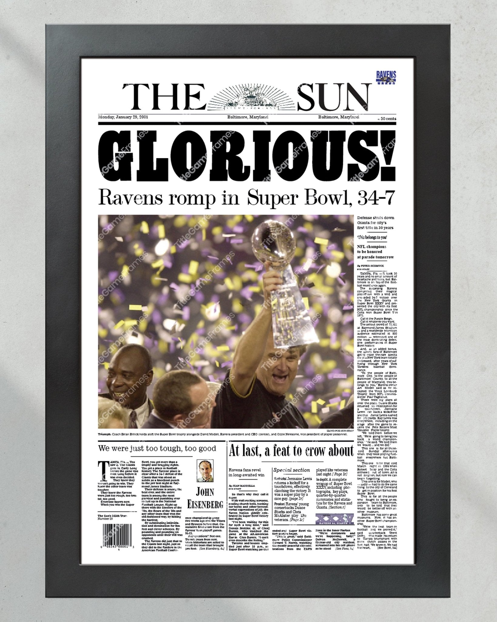 2001 Baltimore Ravens Glorious Super Bowl Champions Framed Front Page Newspaper Print - Title Game Frames