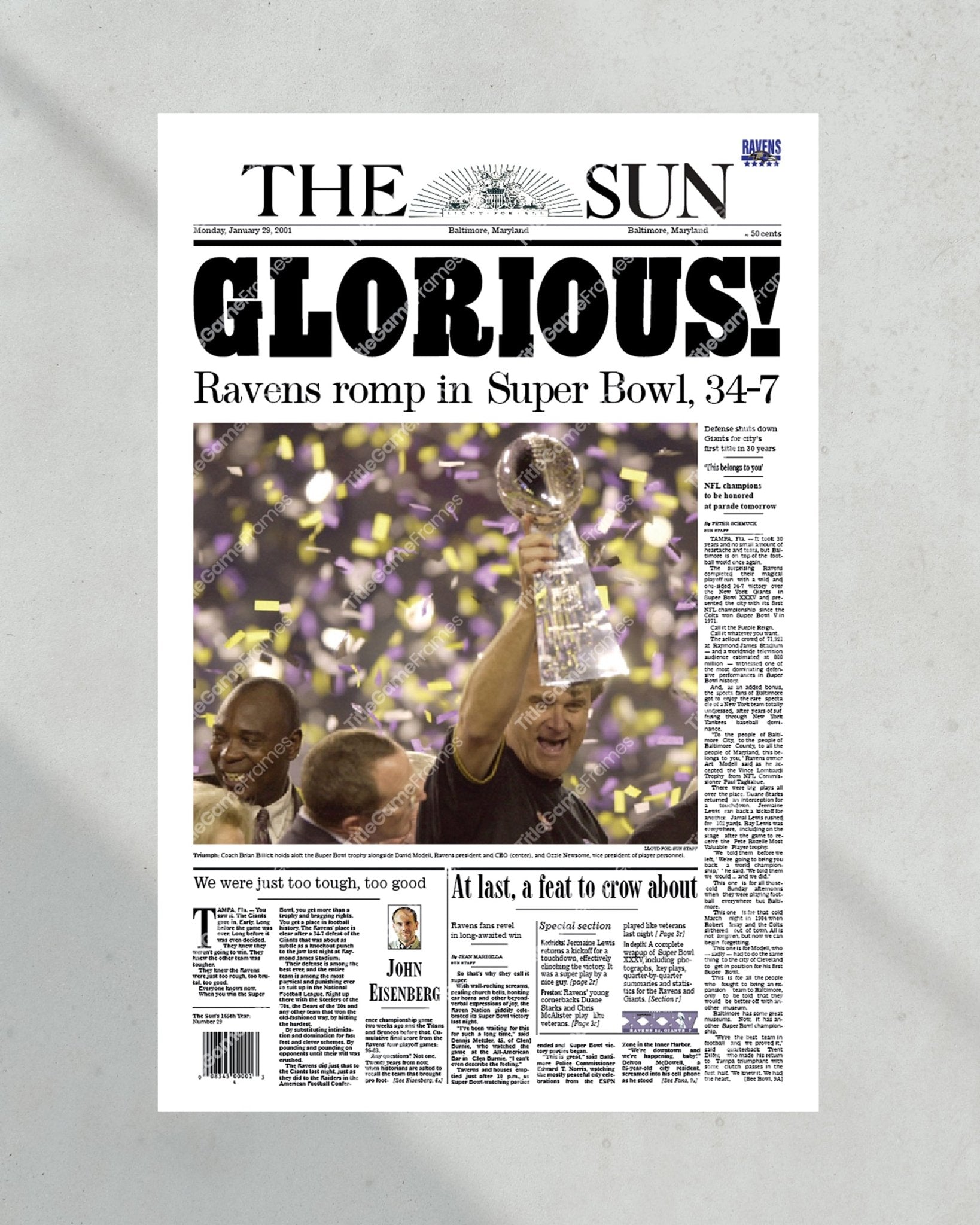 2001 Baltimore Ravens Glorious Super Bowl Champions Framed Front Page Newspaper Print - Title Game Frames