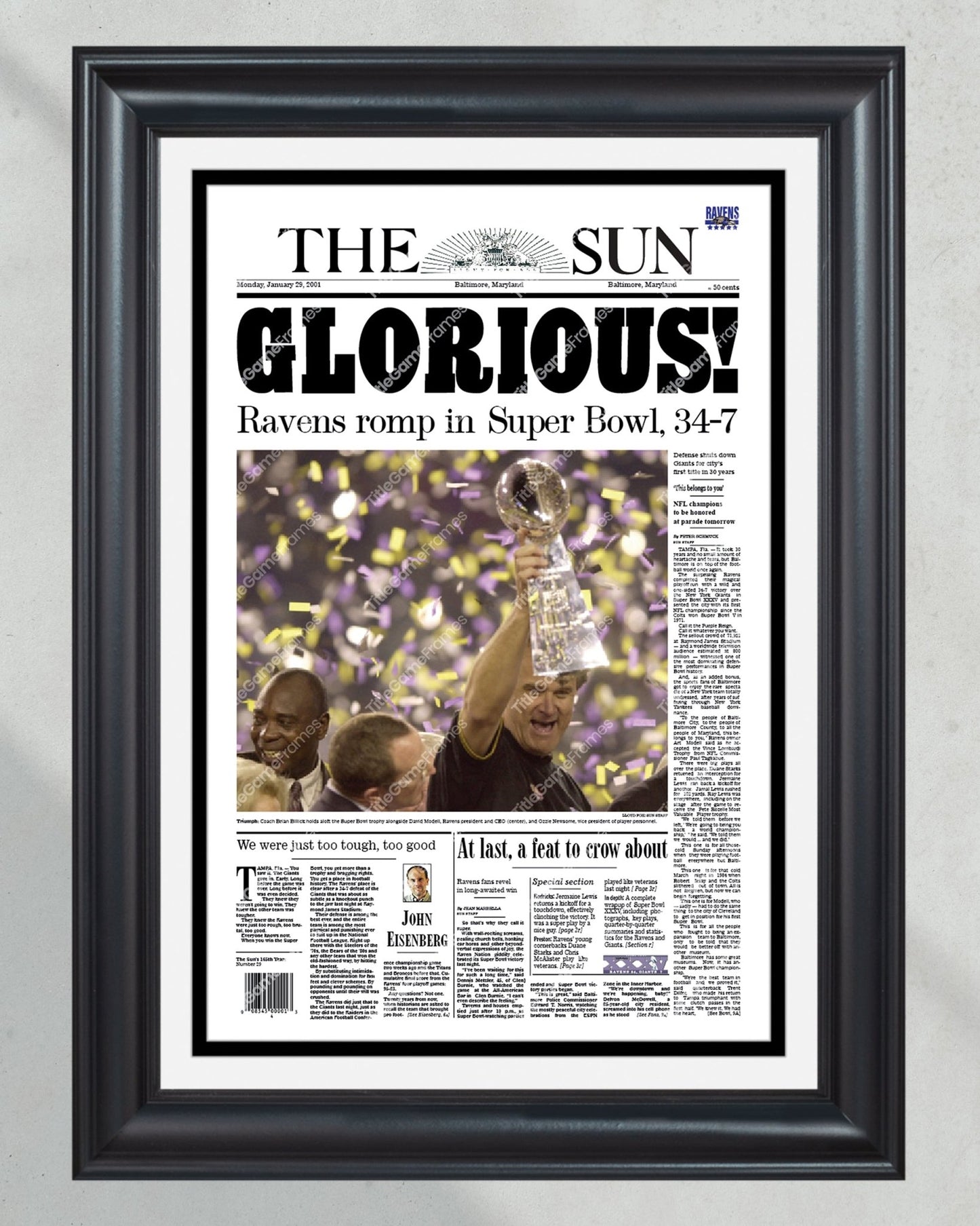 2001 Baltimore Ravens Glorious Super Bowl Champions Framed Front Page Newspaper Print - Title Game Frames