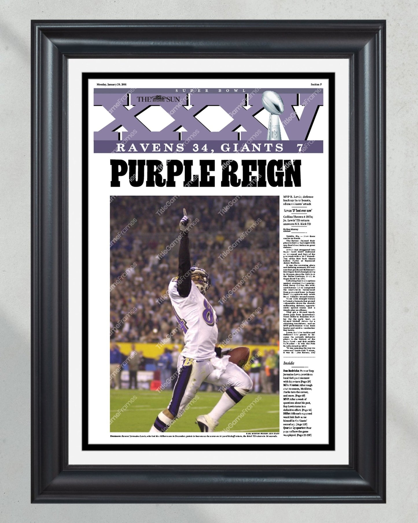 2001 Baltimore Ravens Super Bowl Champions Framed Front Page Newspaper Print - Title Game Frames