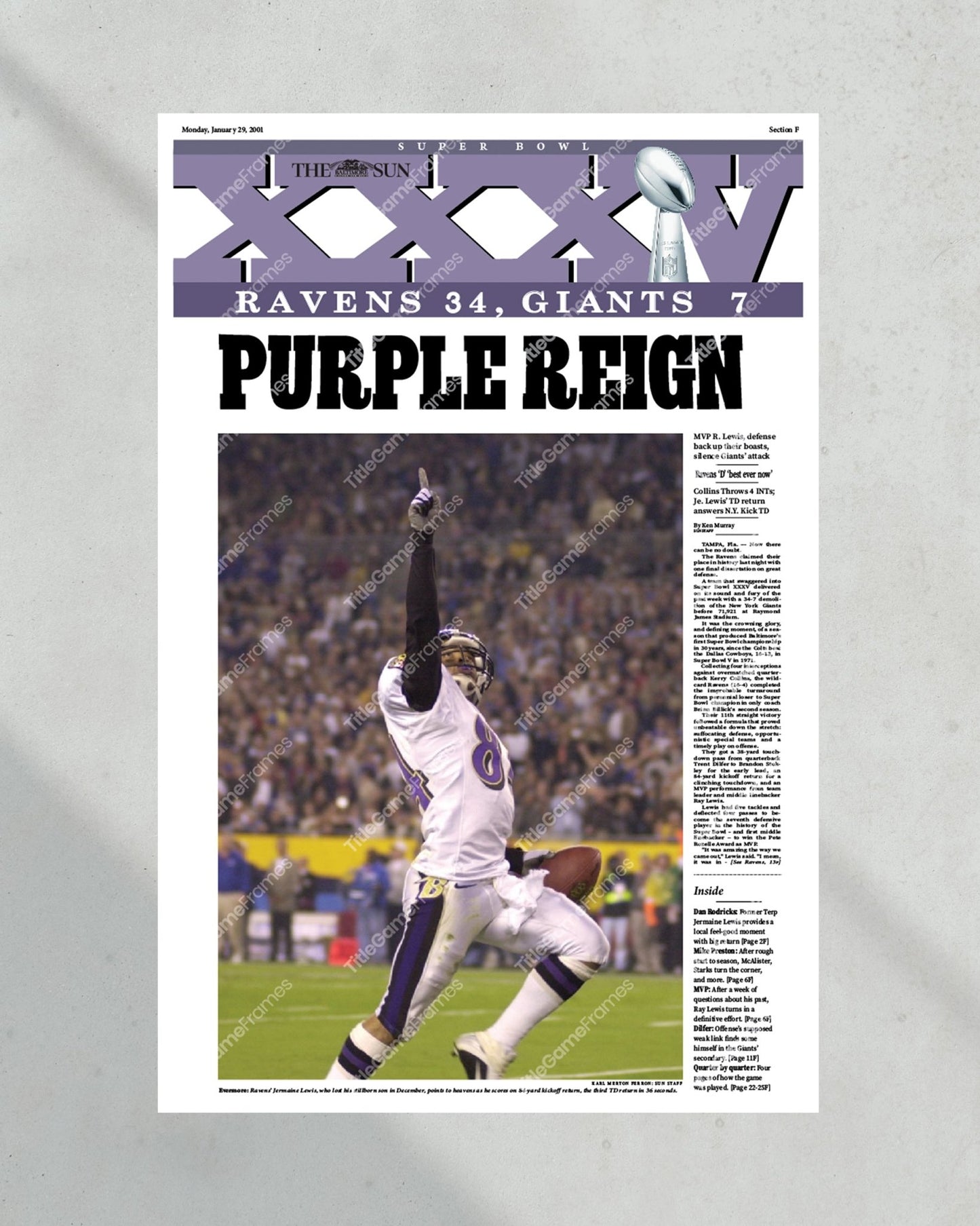 2001 Baltimore Ravens Super Bowl Champions Framed Front Page Newspaper Print - Title Game Frames