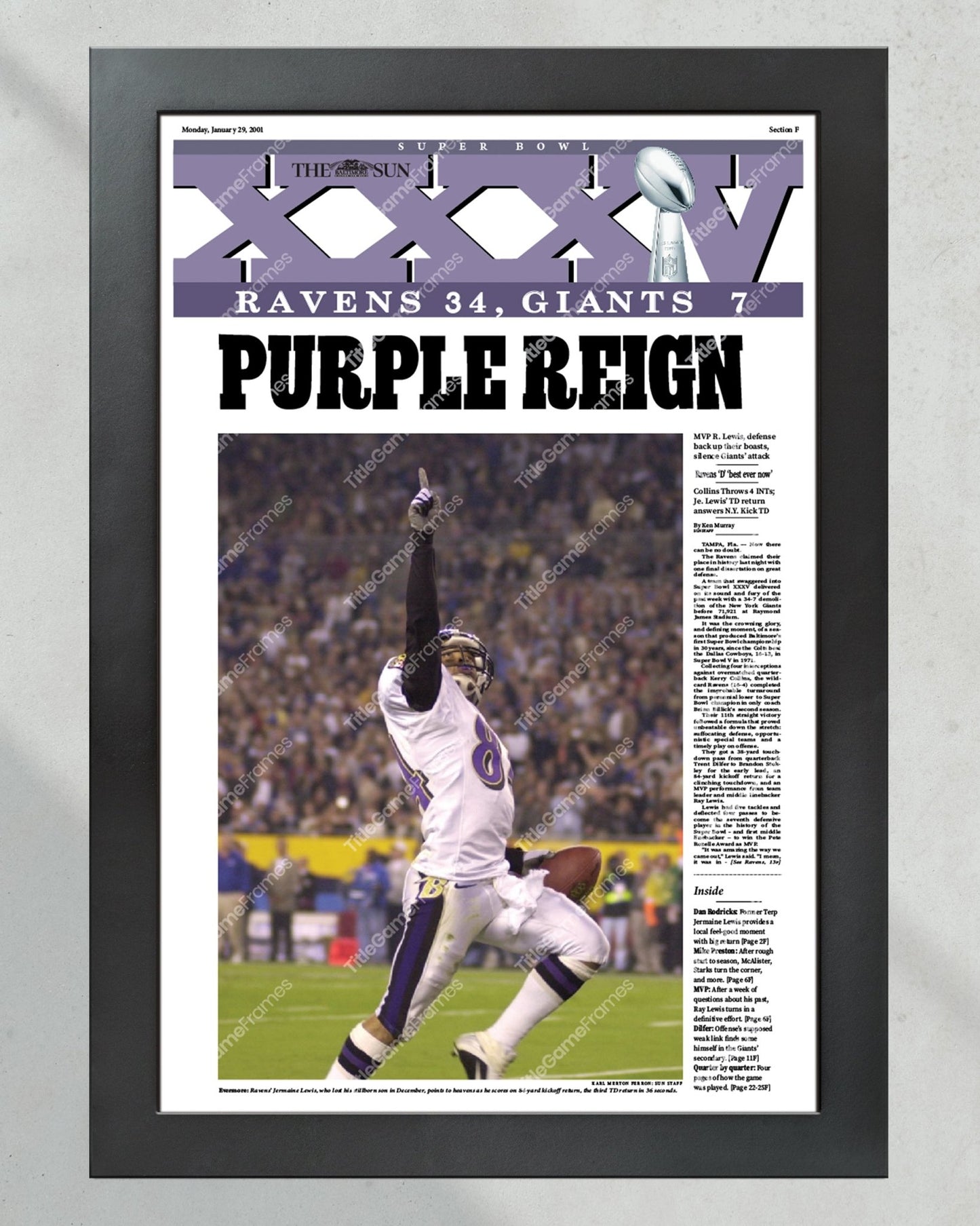 2001 Baltimore Ravens Super Bowl Champions Framed Front Page Newspaper Print - Title Game Frames