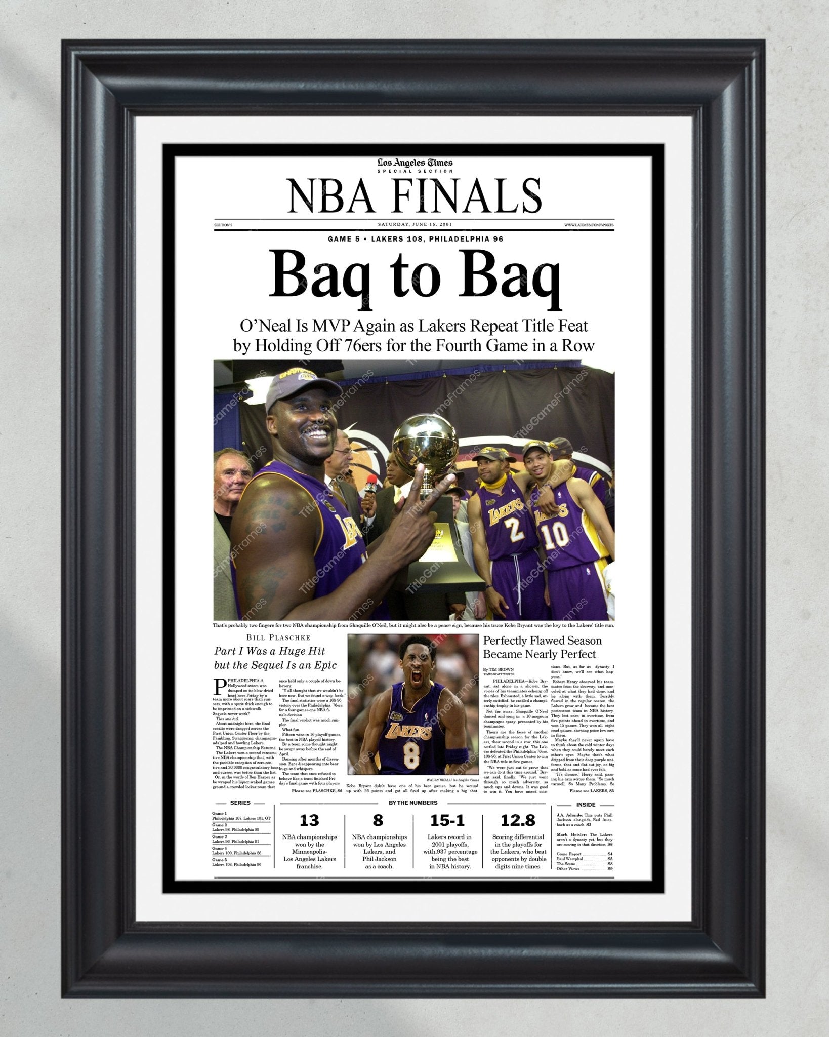 2001 Los Angeles Lakers NBA Champion Framed Front Page Newspaper Print - Title Game Frames