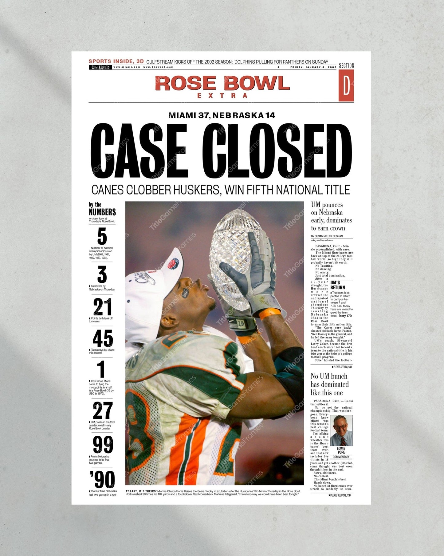 2001 Miami Hurricanes NCAA College Football National Champions Framed Front Page Newspaper Print - Title Game Frames