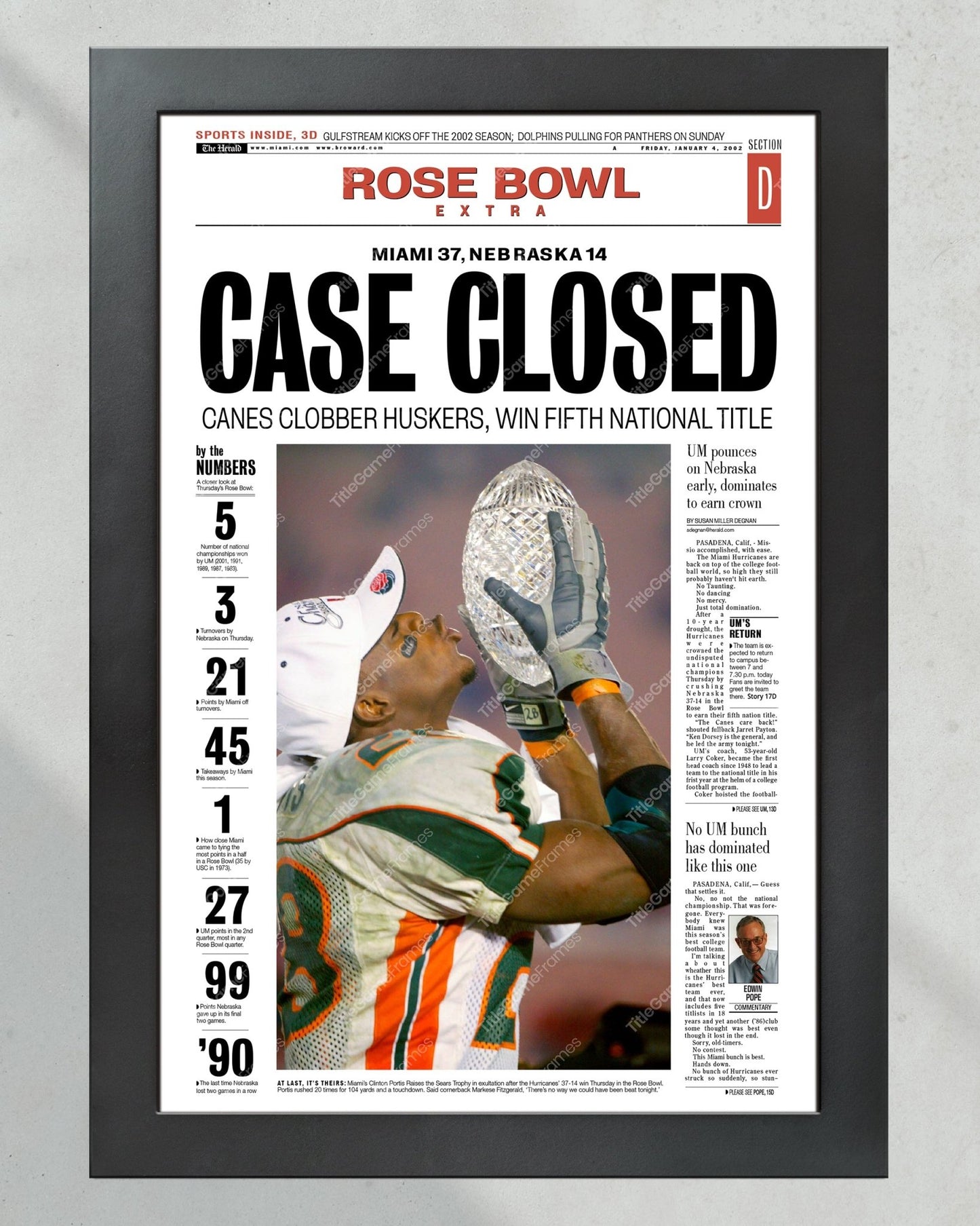 2001 Miami Hurricanes NCAA College Football National Champions Framed Front Page Newspaper Print - Title Game Frames