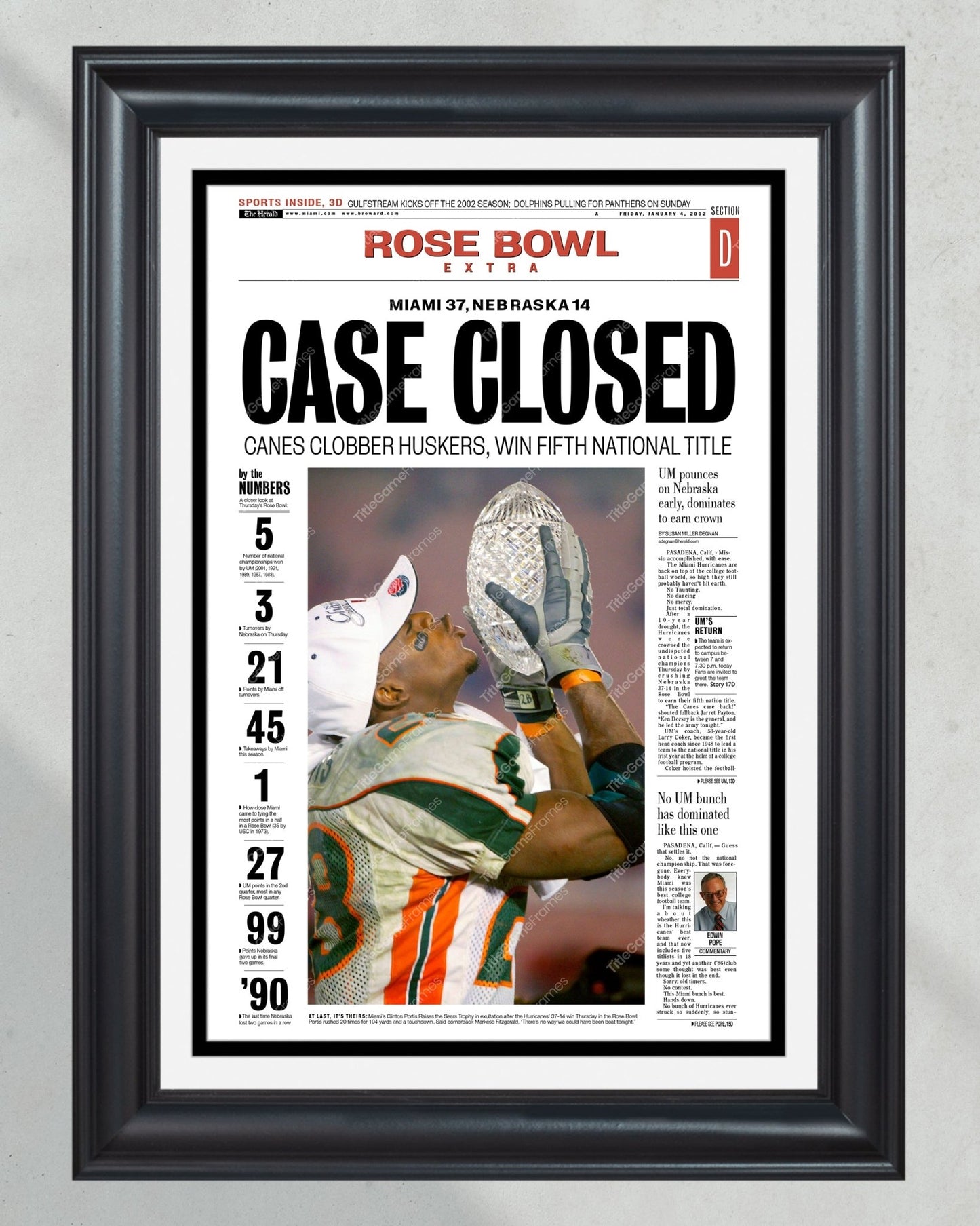 2001 Miami Hurricanes NCAA College Football National Champions Framed Front Page Newspaper Print - Title Game Frames