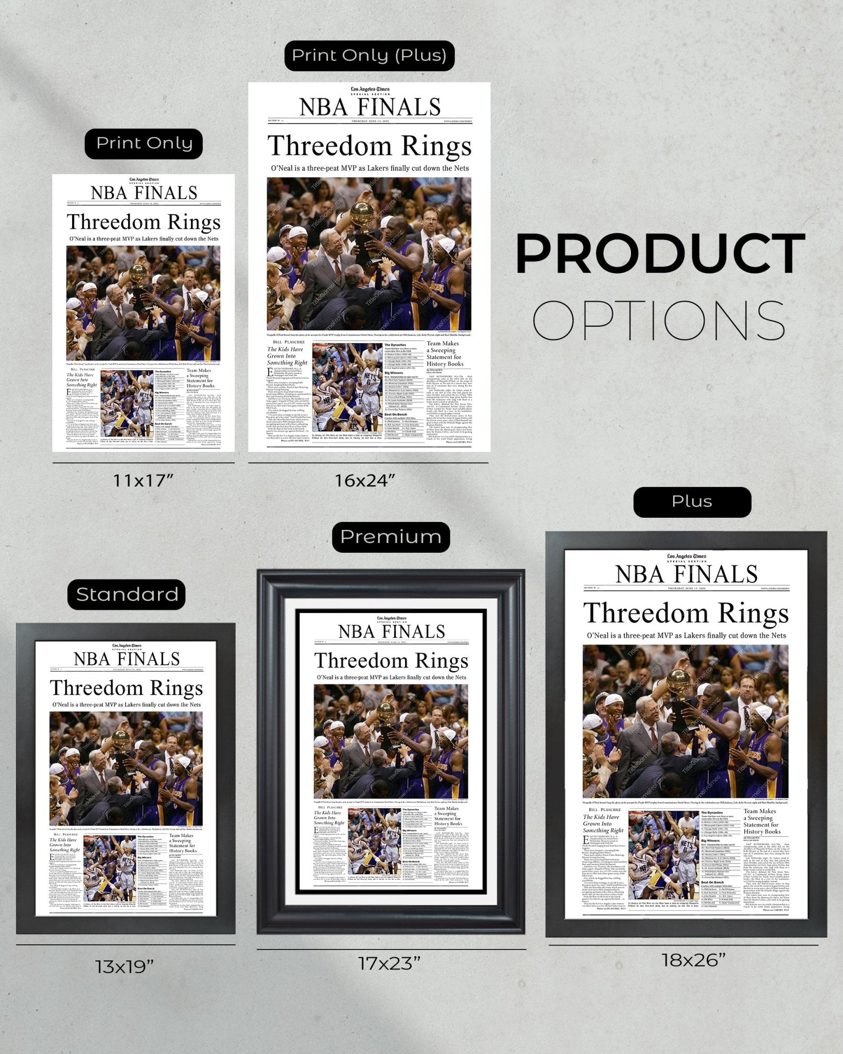 2002 Los Angeles Lakers NBA Champion "Threedom Rings" Framed Front Page Newspaper Print - Title Game Frames
