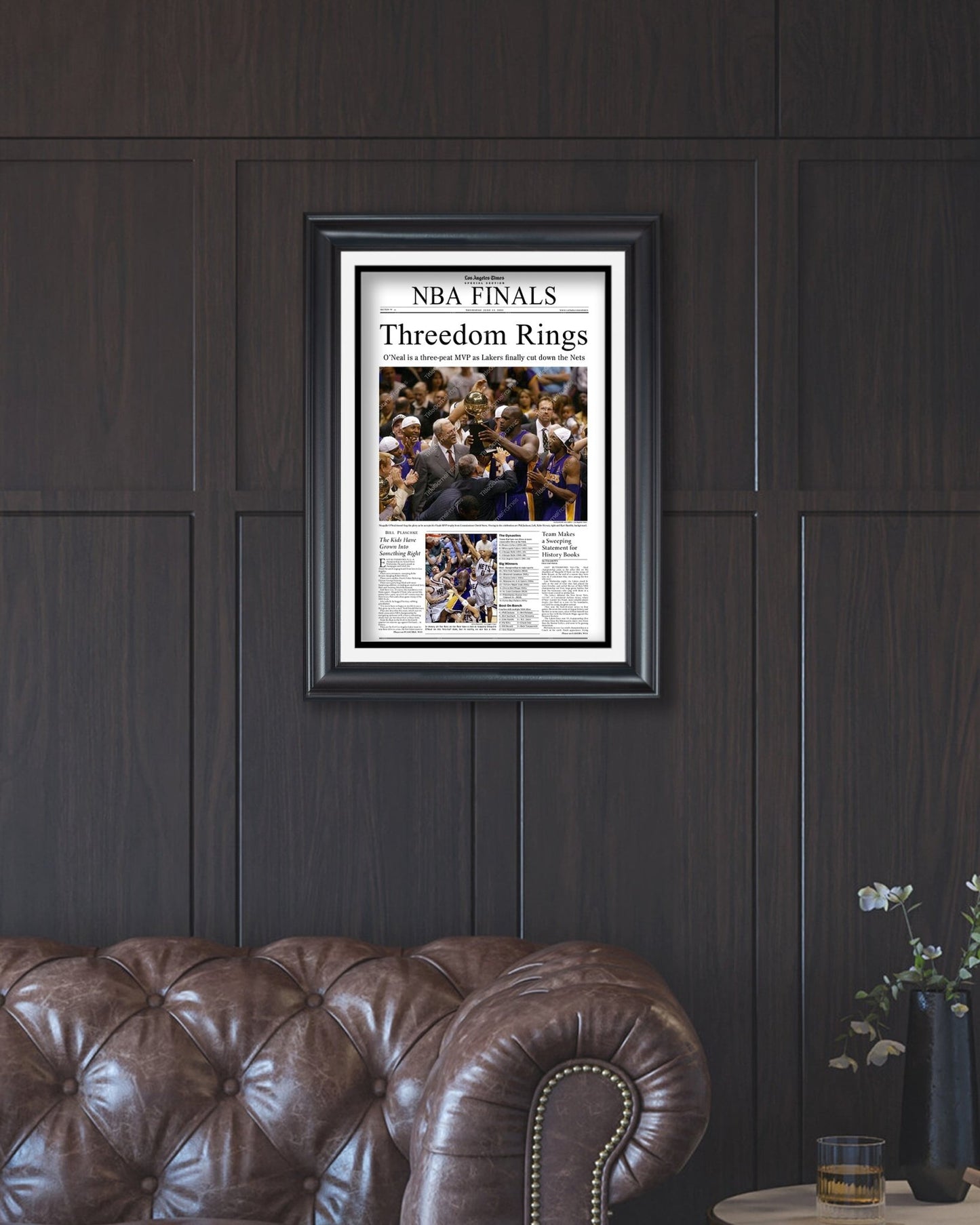 2002 Los Angeles Lakers NBA Champion "Threedom Rings" Framed Front Page Newspaper Print - Title Game Frames