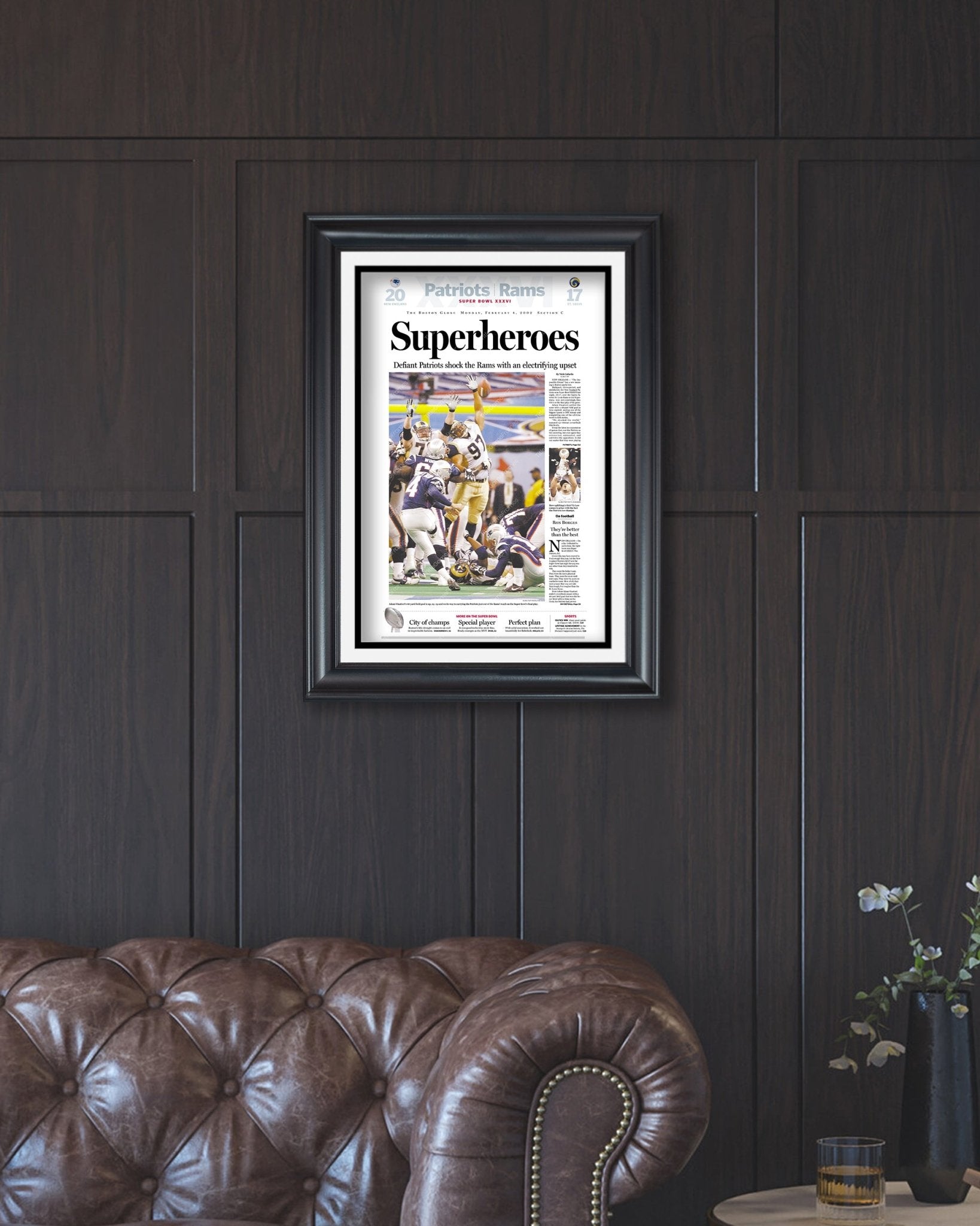 2002 New England Patriots Super Bowl XXXVI Framed Newspaper Front Page Cover Print - Title Game Frames