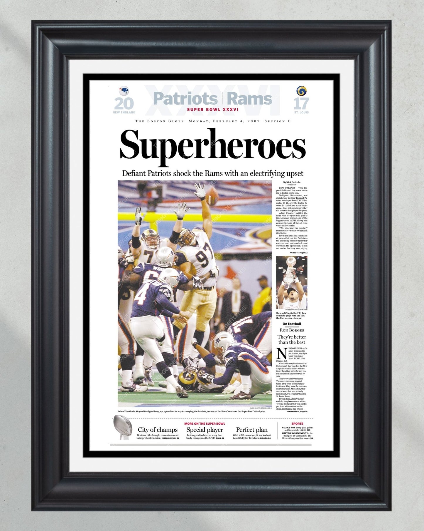 2002 New England Patriots Super Bowl XXXVI Framed Newspaper Front Page Cover Print - Title Game Frames