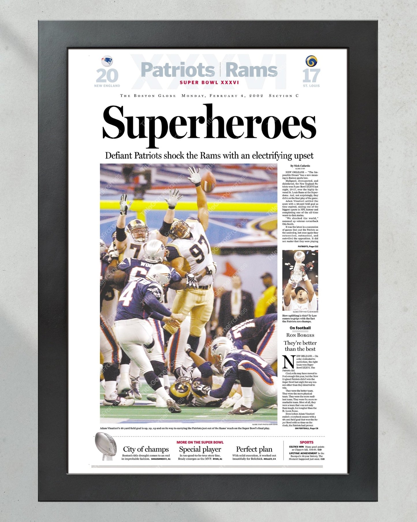 2002 New England Patriots Super Bowl XXXVI Framed Newspaper Front Page Cover Print - Title Game Frames