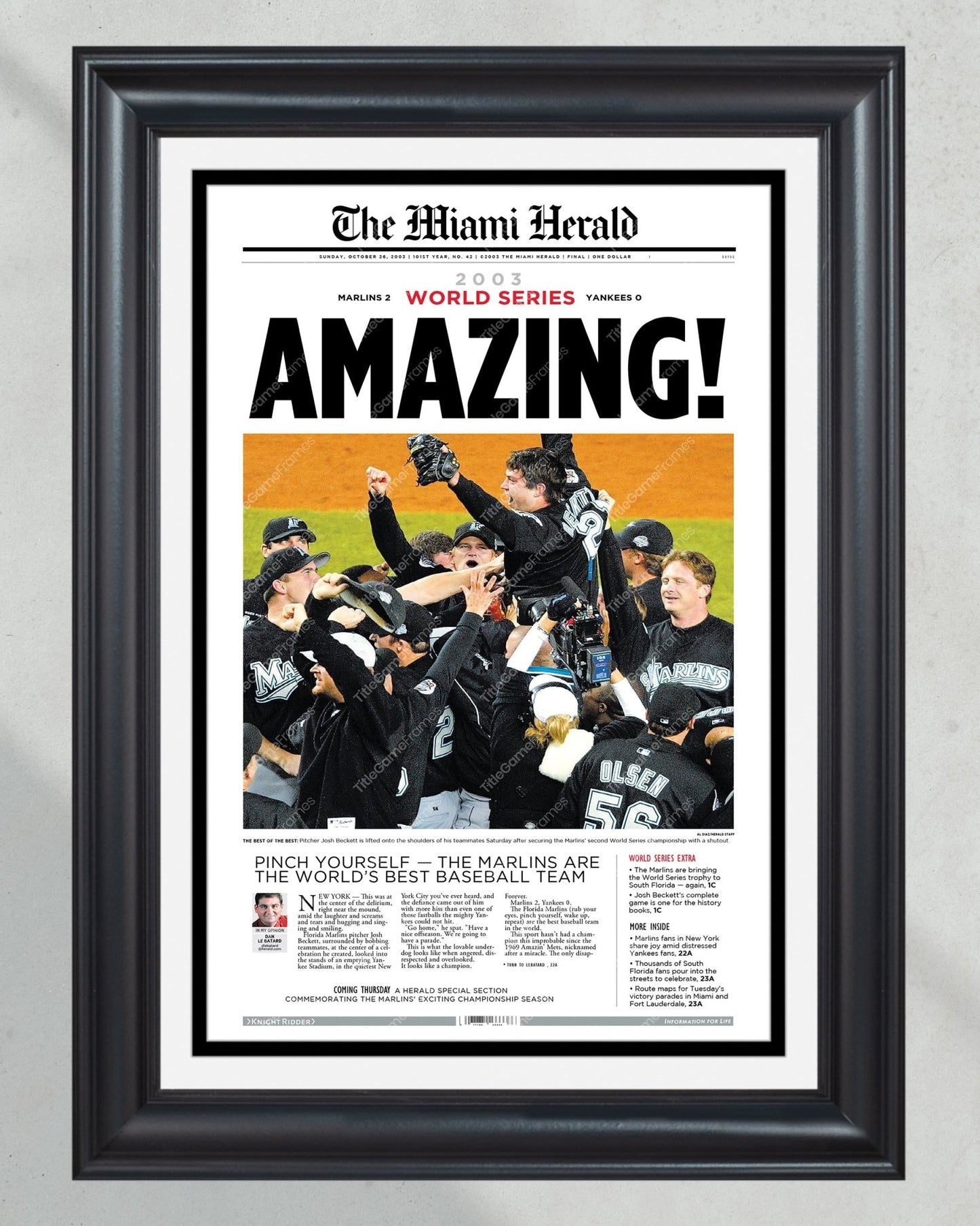 2003 Florida Miami Marlins World Series Champion Framed Newspaper Front Page Print Josh Beckett - Title Game Frames