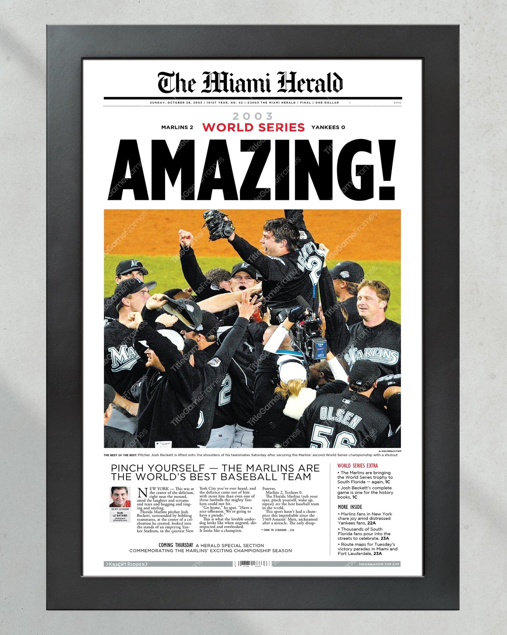 2003 Florida Miami Marlins World Series Champion Framed Newspaper Front Page Print Josh Beckett - Title Game Frames