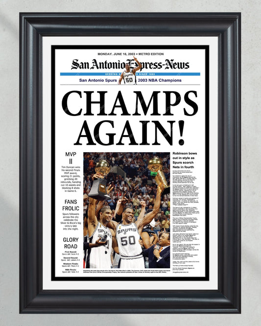 2003 San Antonio Spurs Framed Newspaper Cover Print David Robinson and Tim Duncan - Title Game Frames