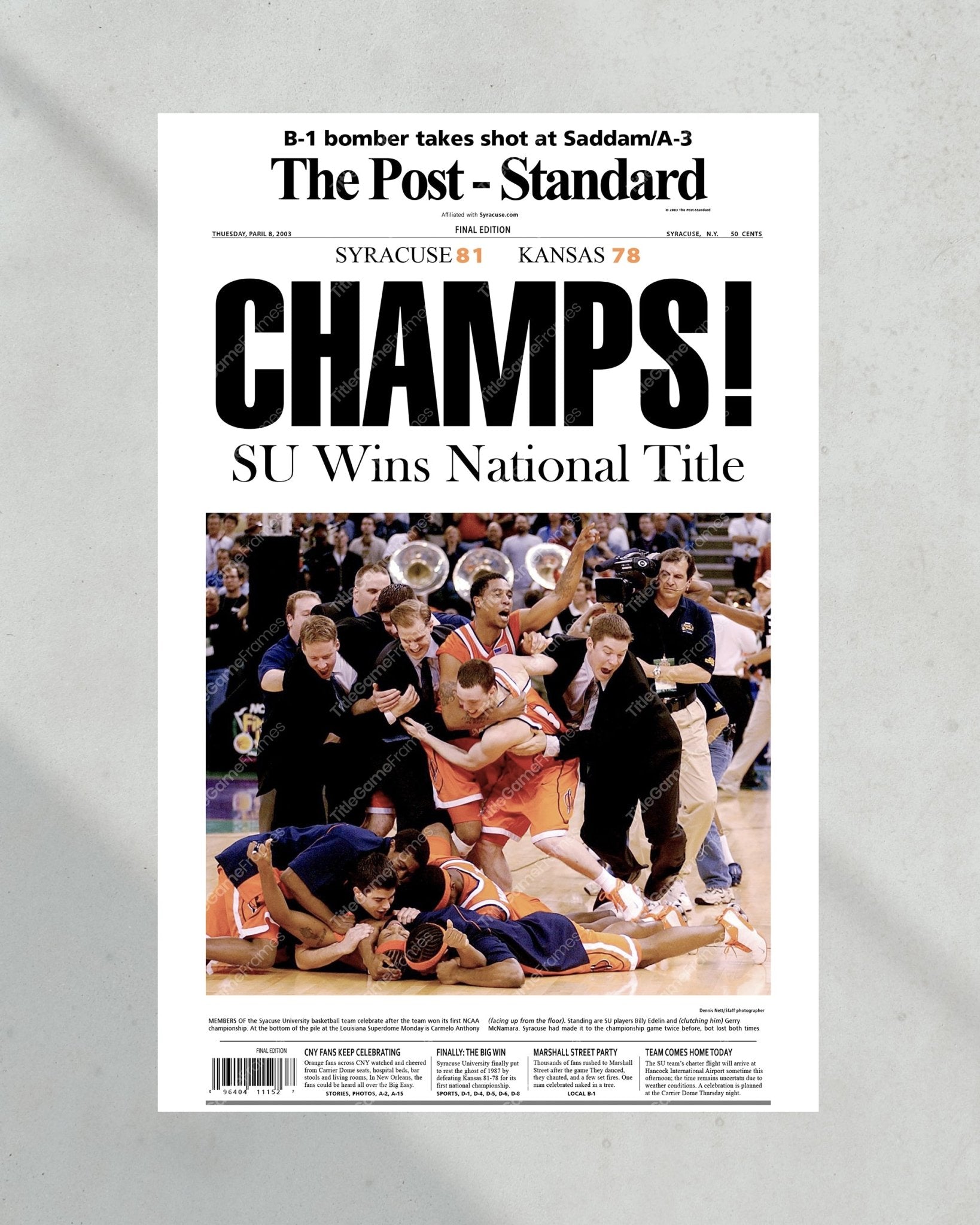 2003 Syracuse Orangemen NCAA College Basketball Champions Framed Front Page Newspaper Print - Title Game Frames