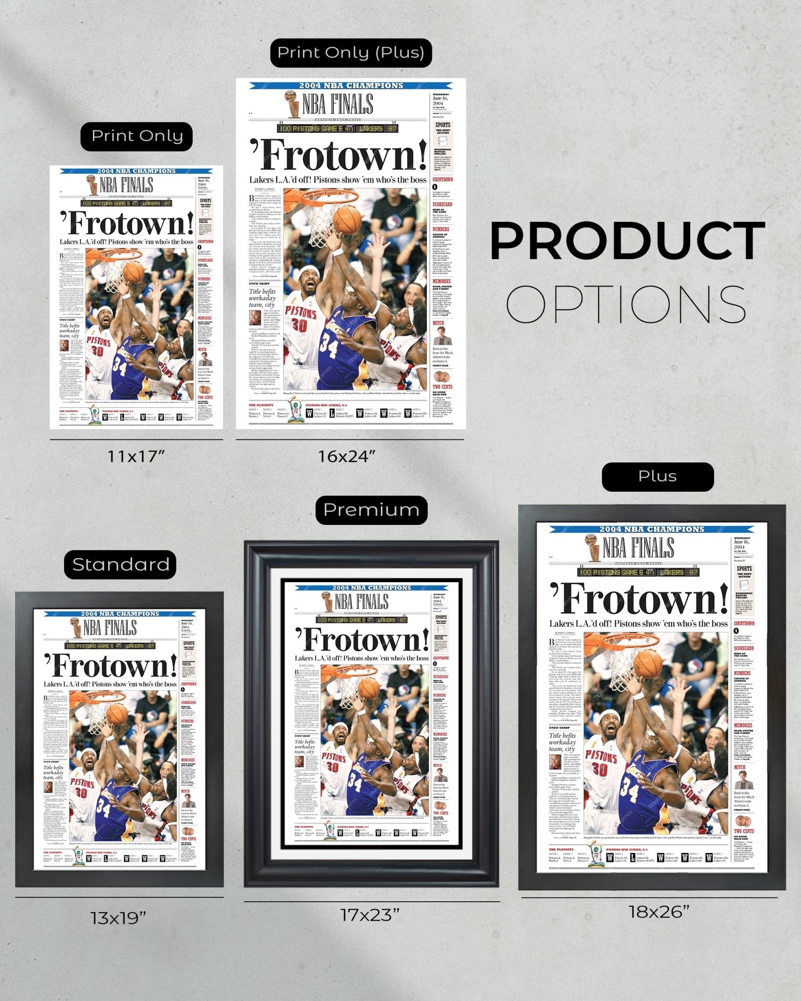 2004 Detroit Pistons “Frotown” NBA Champion Framed Front Page Newspaper Print - Title Game Frames