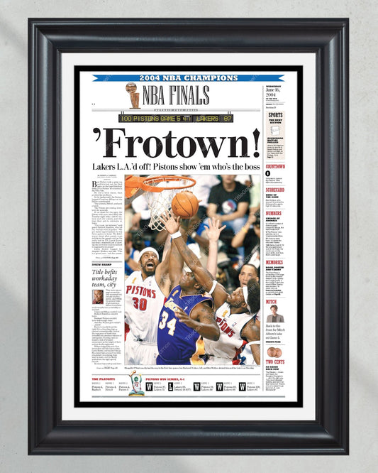 2004 Detroit Pistons “Frotown” NBA Champion Framed Front Page Newspaper Print - Title Game Frames