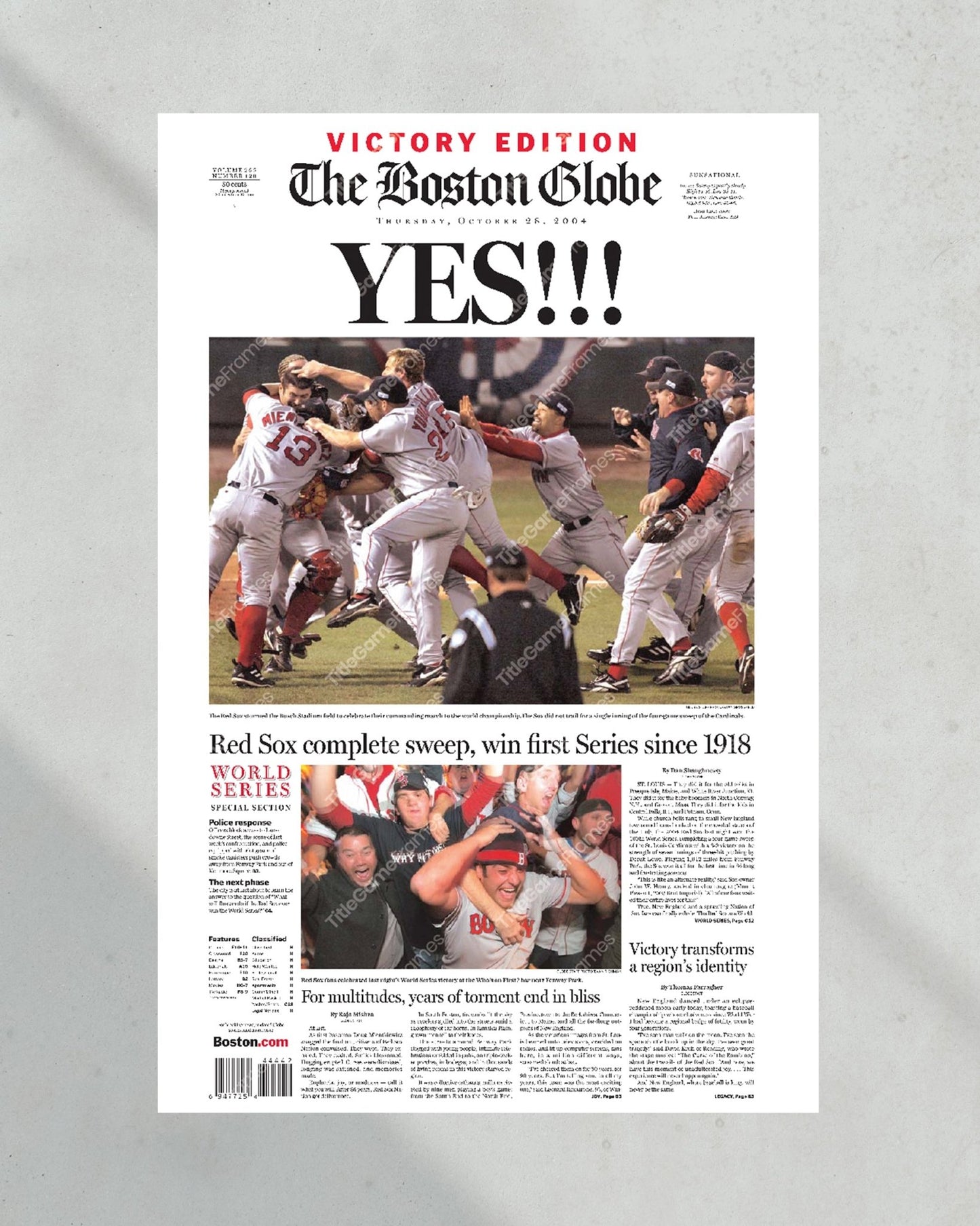 2004 Red Sox World Series Baseball Champions Framed Newspaper Cover Print Fenway Park - Title Game Frames