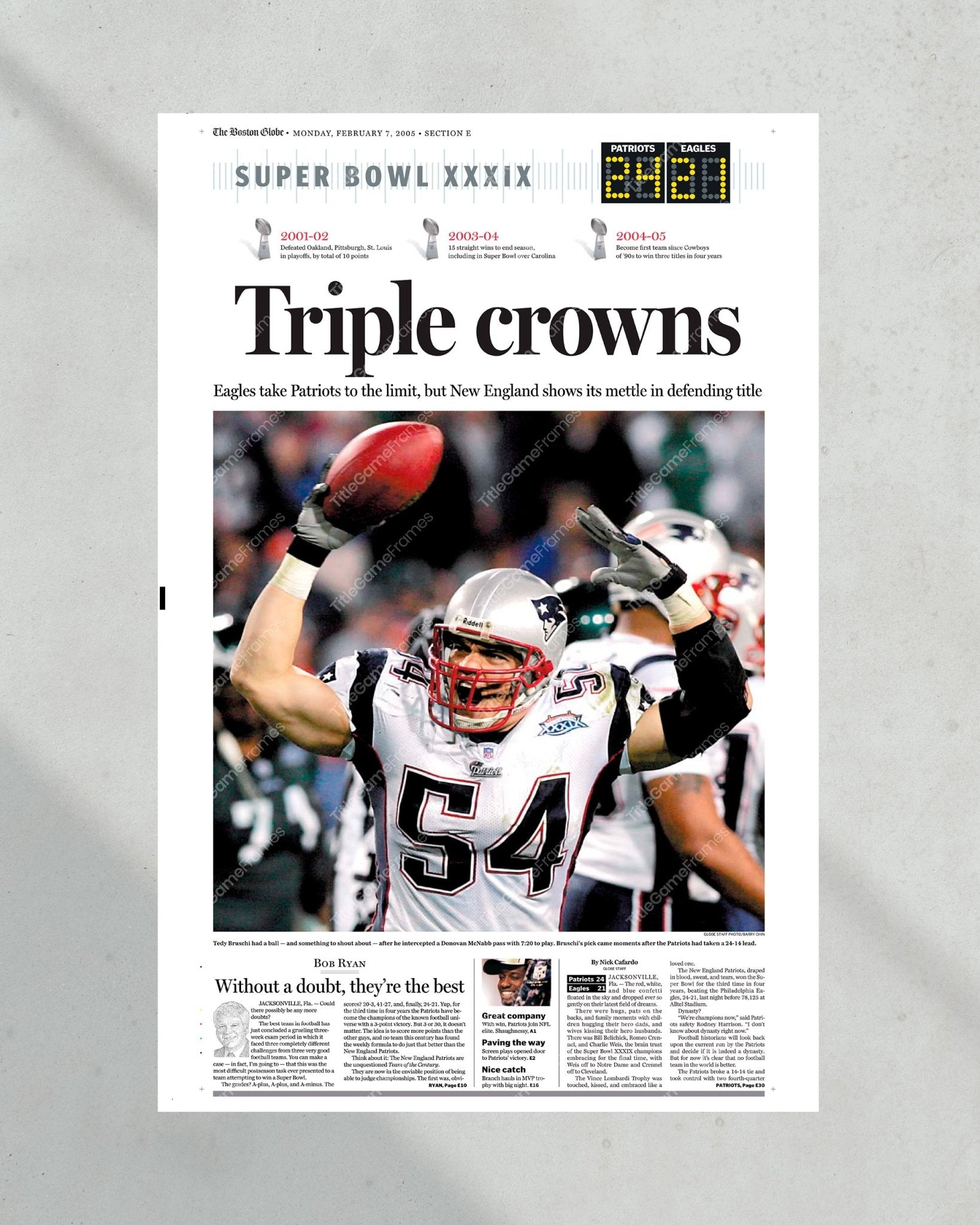 2005 New England Patriots Super Bowl XXXIX Championship Framed Newspaper Front Page Print - Title Game Frames