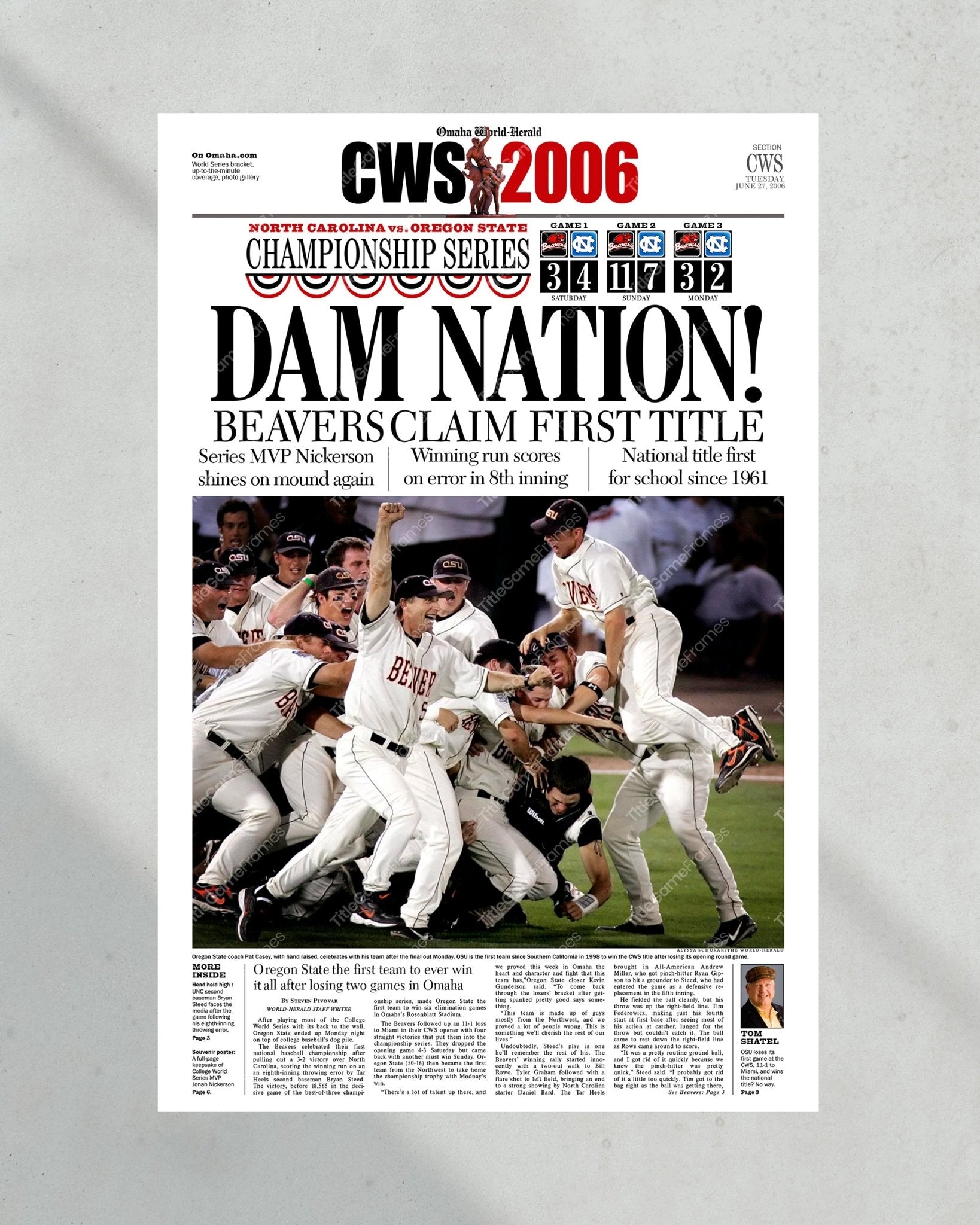 2006 Oregon State Beavers College World Series Champions Framed Newspaper - 'DAM NATION!' - Title Game Frames