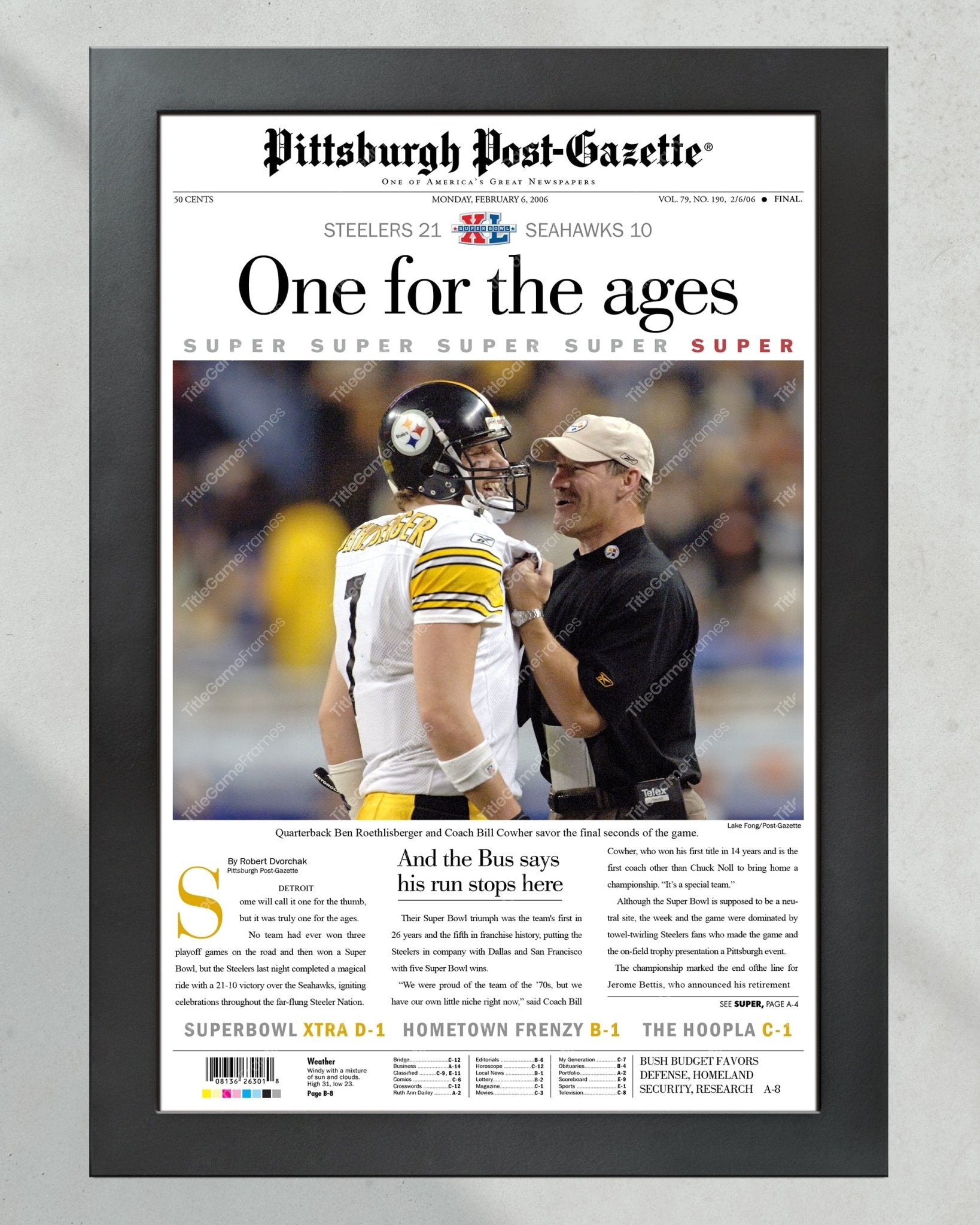 2006 Pittsburgh Steelers Superbowl XL Newspaper Cover Print - One for the ages - Title Game Frames